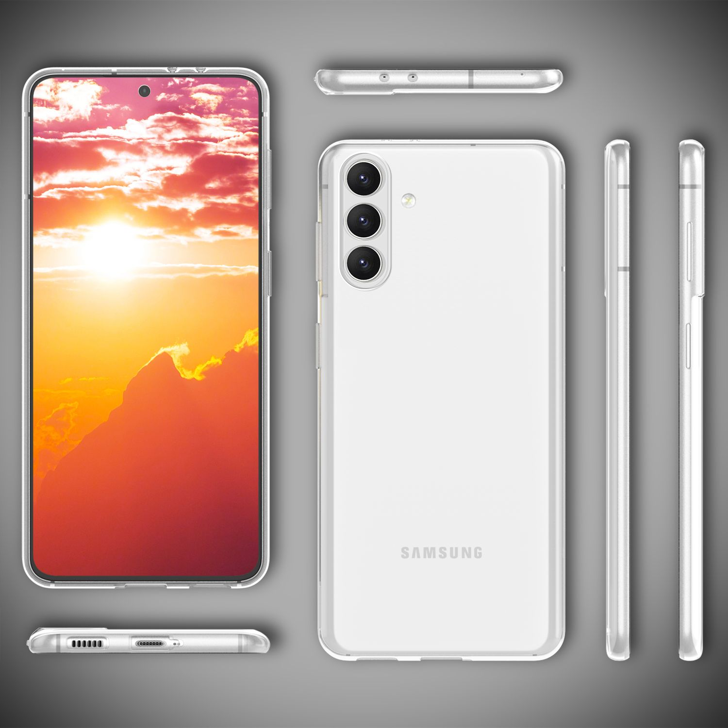 Téléphone blanc avec coque transparente, multiples vues, coucher de soleil.