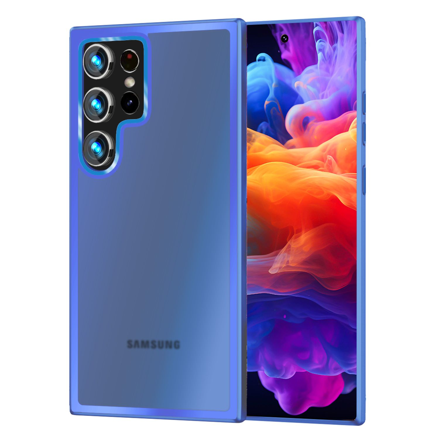 Blaue Handyhülle mit drei Kameralinsen. Das Handy zeigt ein farbenfrohes Bild auf dem Bildschirm.