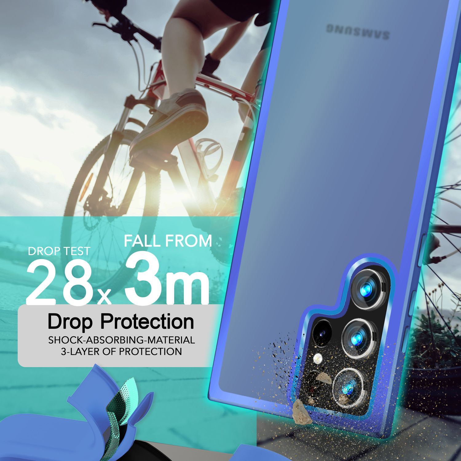 Telefon in blauem Case, mit Fahrrad und Text zu Fallschutz und 3m Fallhöhe.