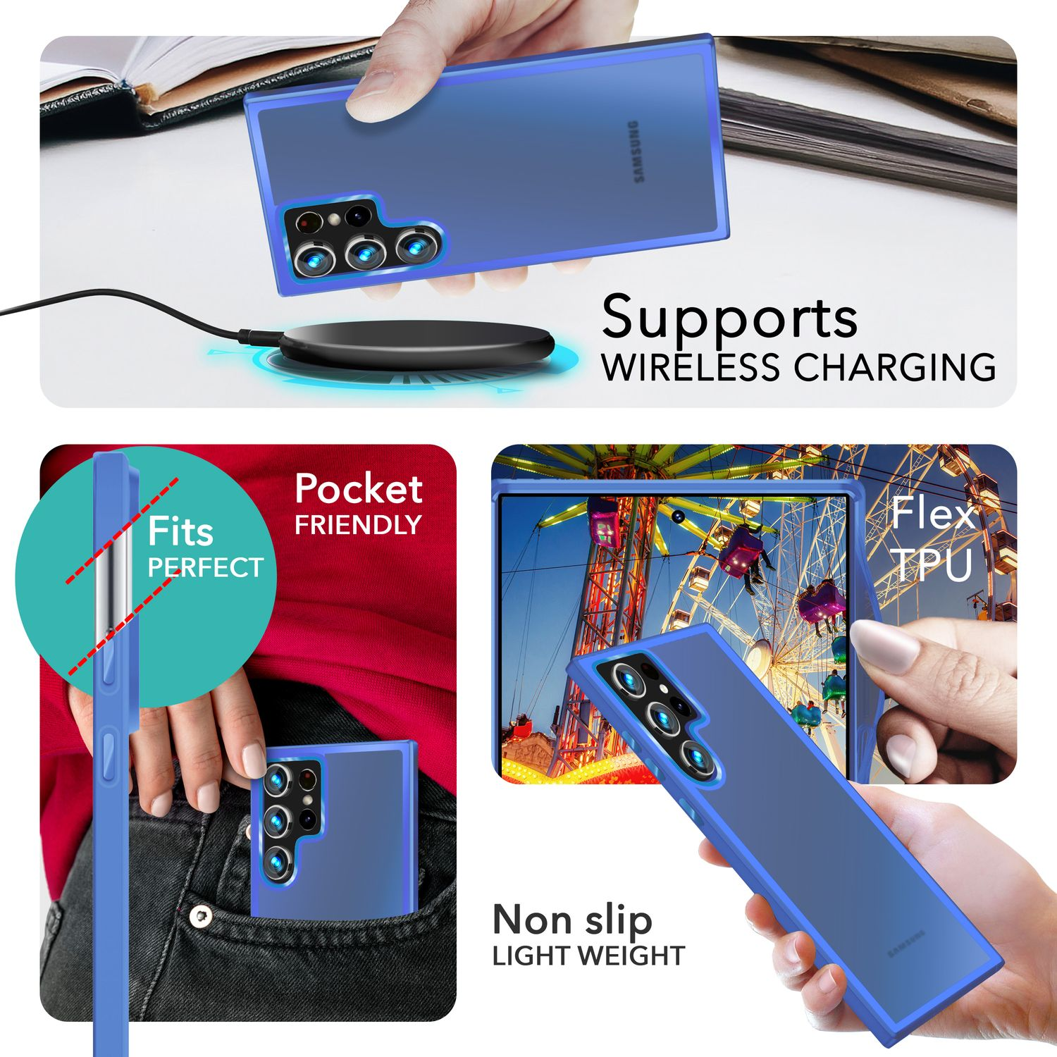 Eine Handyhülle wird in mehreren Ansichten gezeigt. Die Hülle ist blau, passt perfekt, ist taschenfreundlich und unterstützt kabelloses Laden.
