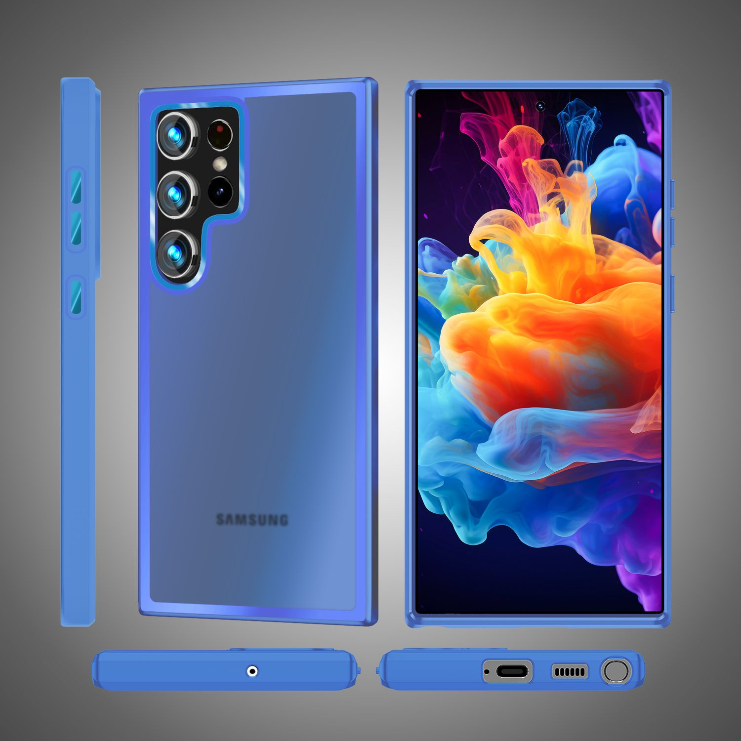 Blaue Handyhülle mit mehreren Ansichten, schützt ein Handy mit farbenfrohen Kunstwerken. Grauer Hintergrund.