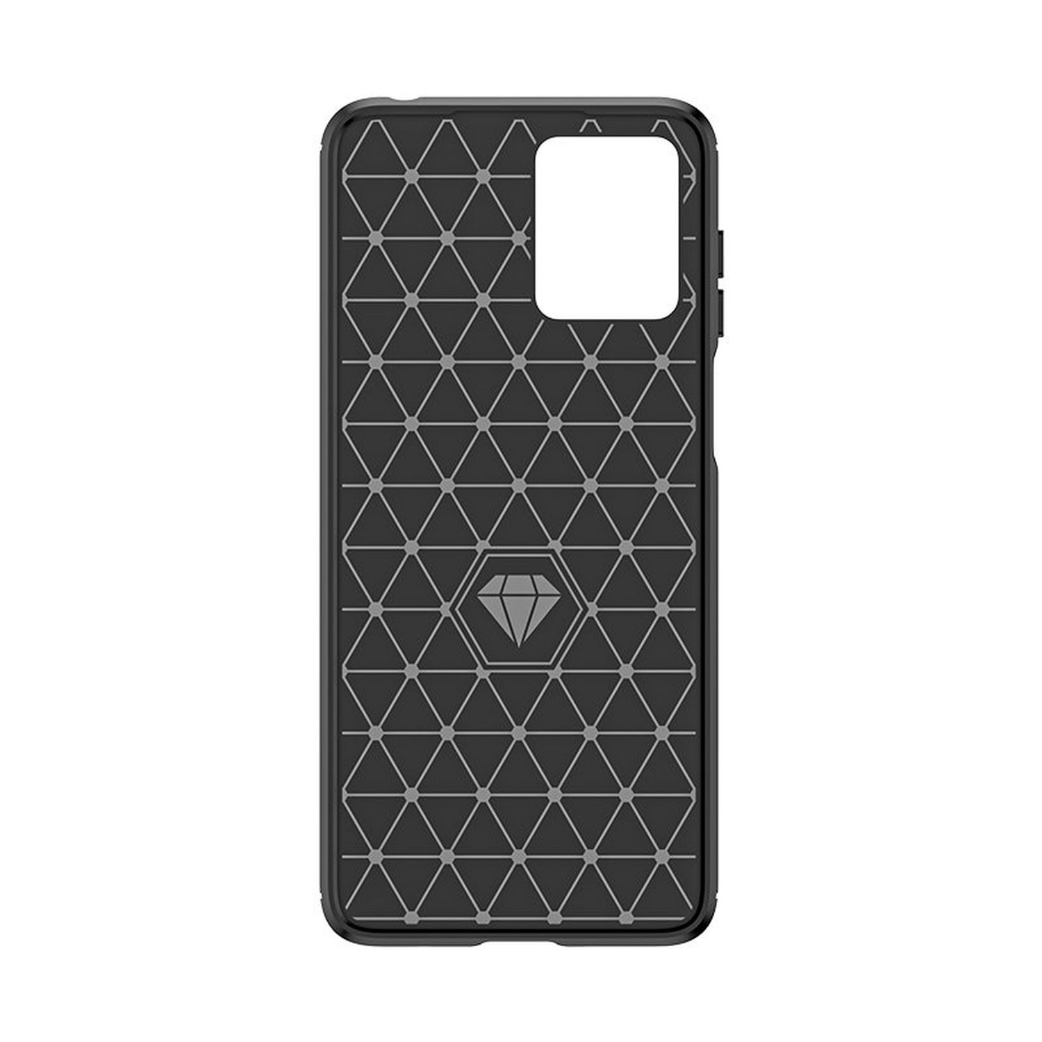 Custodia per telefono nera, motivo geometrico, logo diamante al centro.