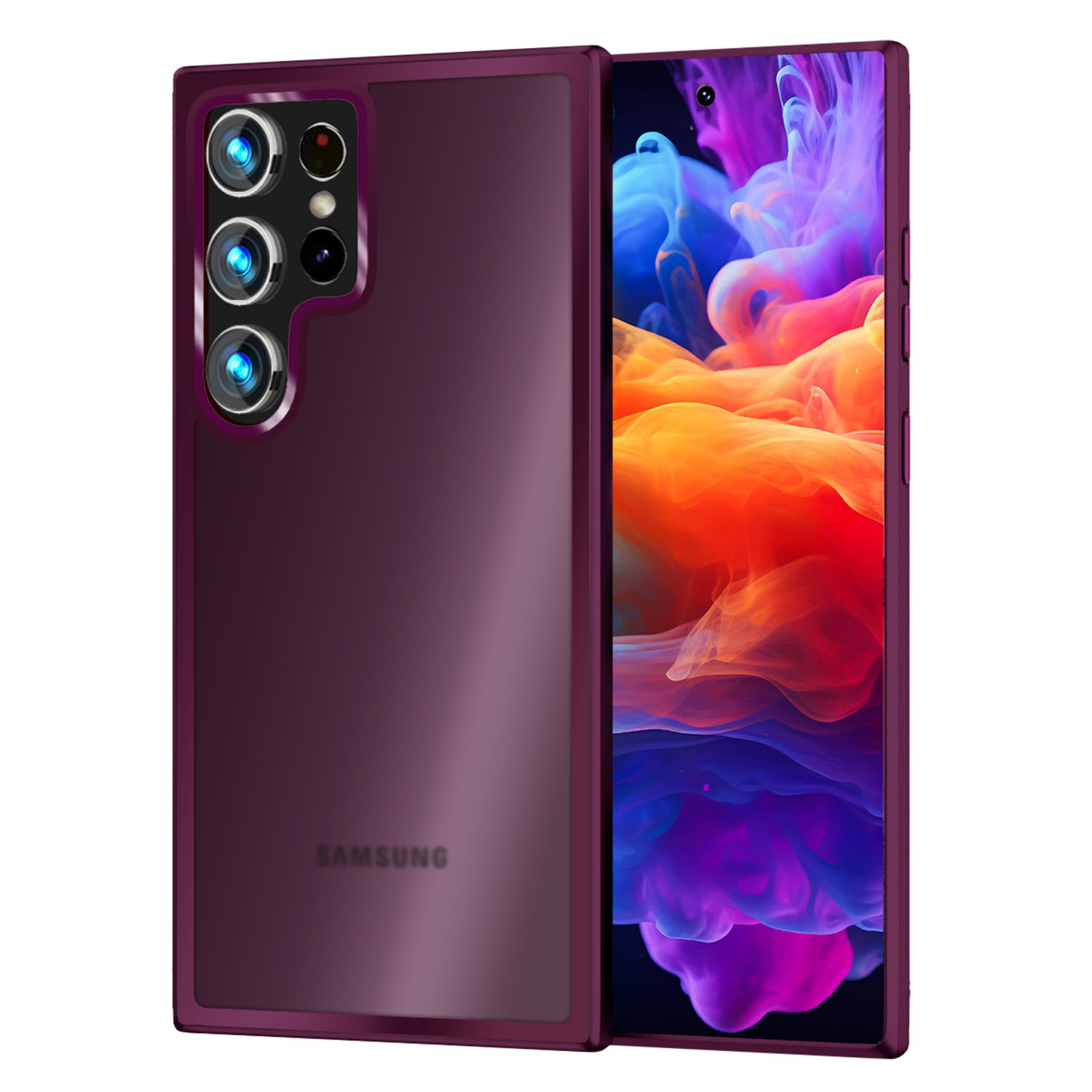 Eine weinrote Handyhülle mit klarer Rückseite über einem Samsung Telefon.