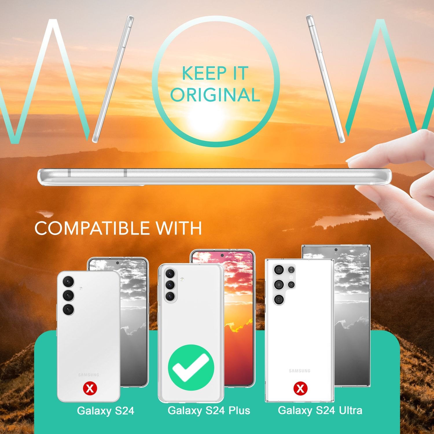 Un étui de téléphone et trois téléphones, avec une image de fond d'ondes. L'étui est pour S24 Plus.