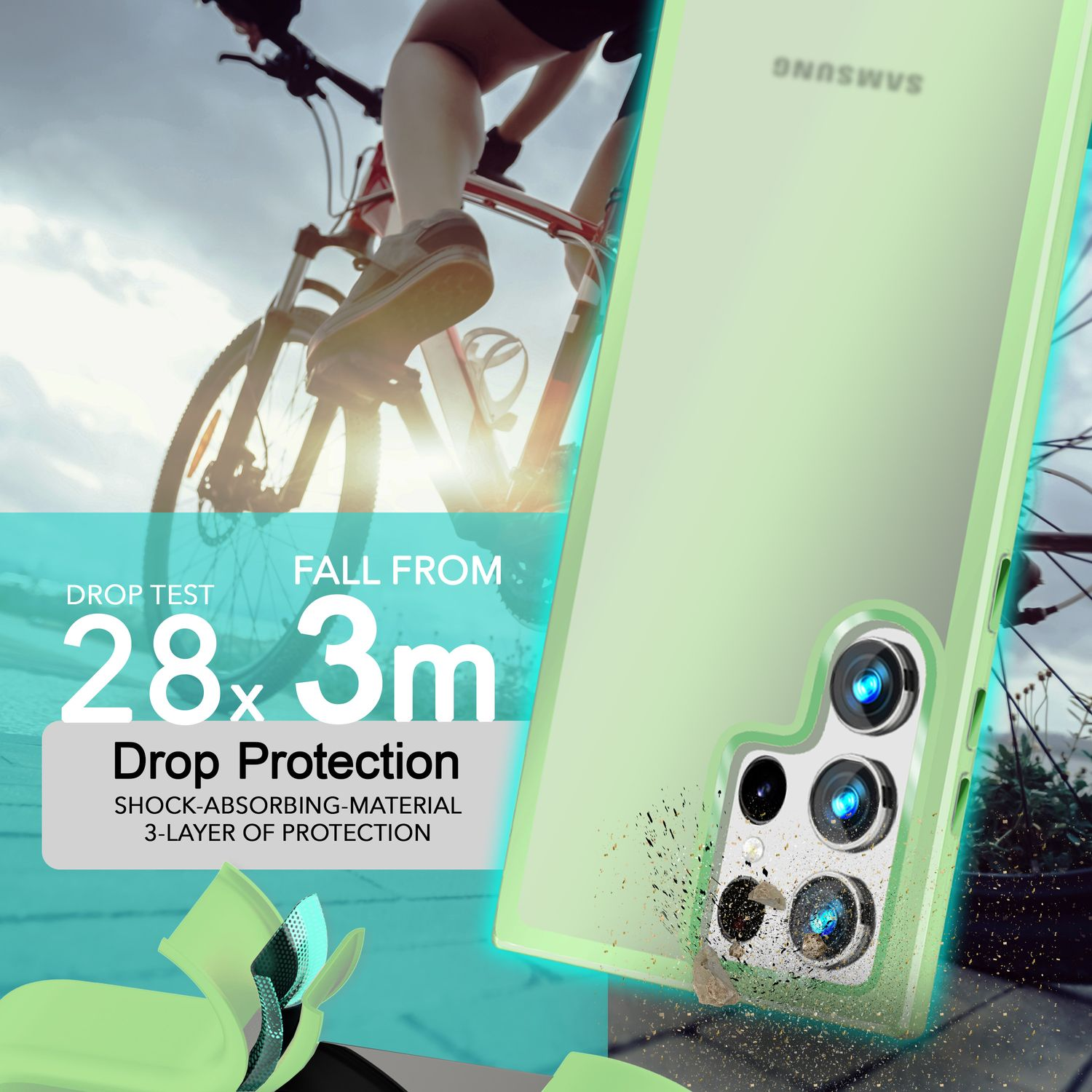 Grüne Handyhülle auf einem Telefon. Ein Fahrrad ist im Hintergrund. Text beschreibt den Fallschutz.