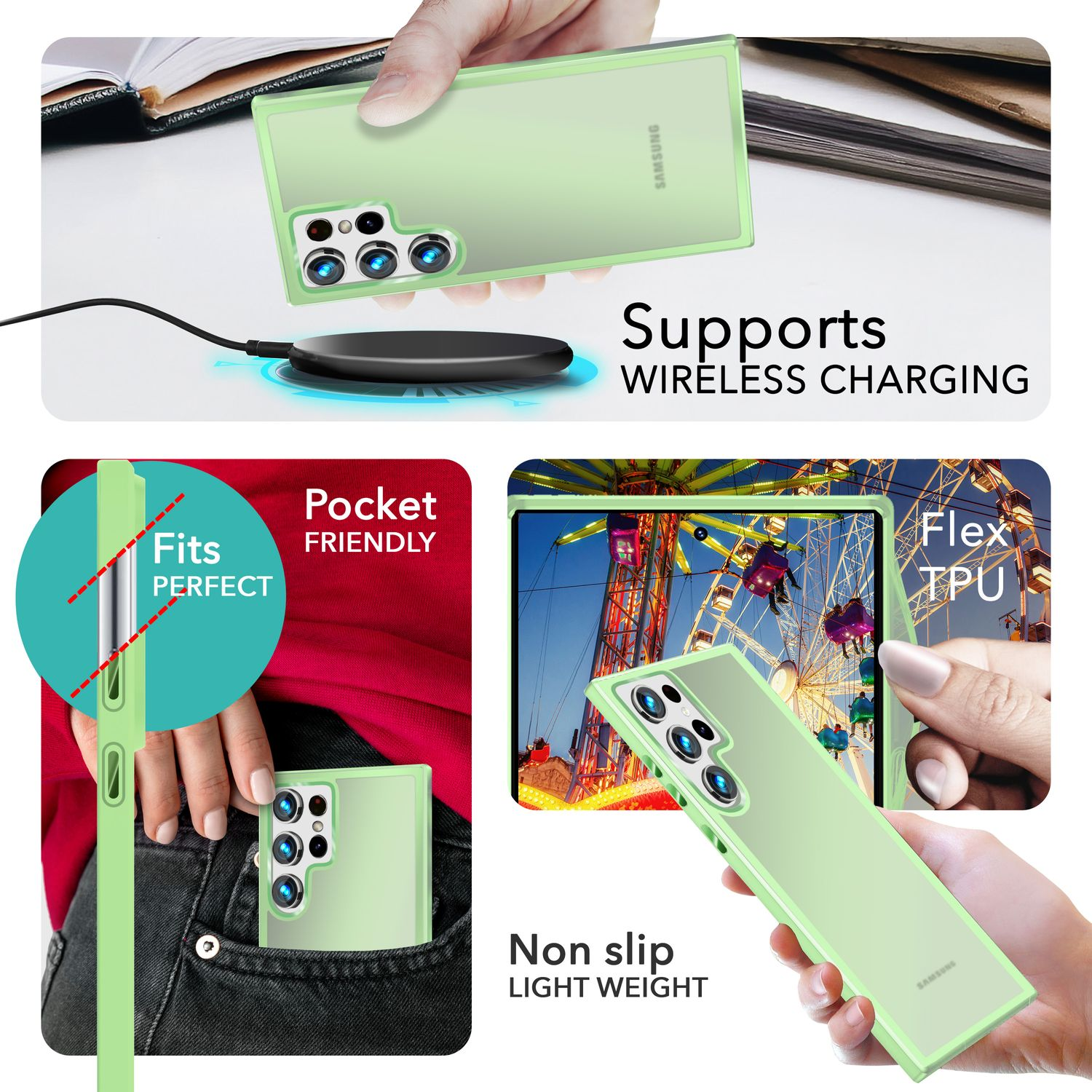 Handyhülle mit Telefon darin. Präsentiert klares Design, kabelloses Laden und Hosentaschen-Passform.