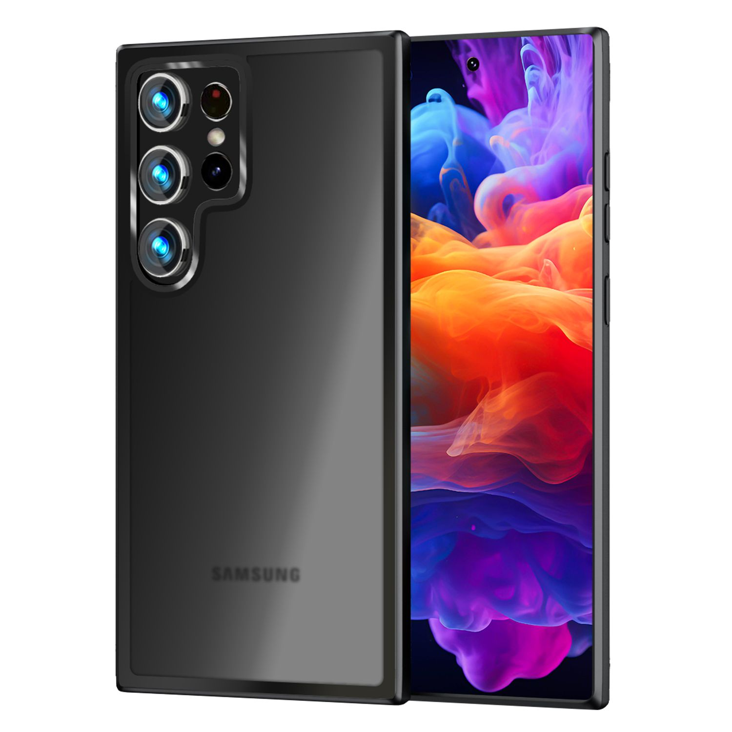 Schwarzes Telefon mit klarer Rückseite und mehreren Kameralinsen.