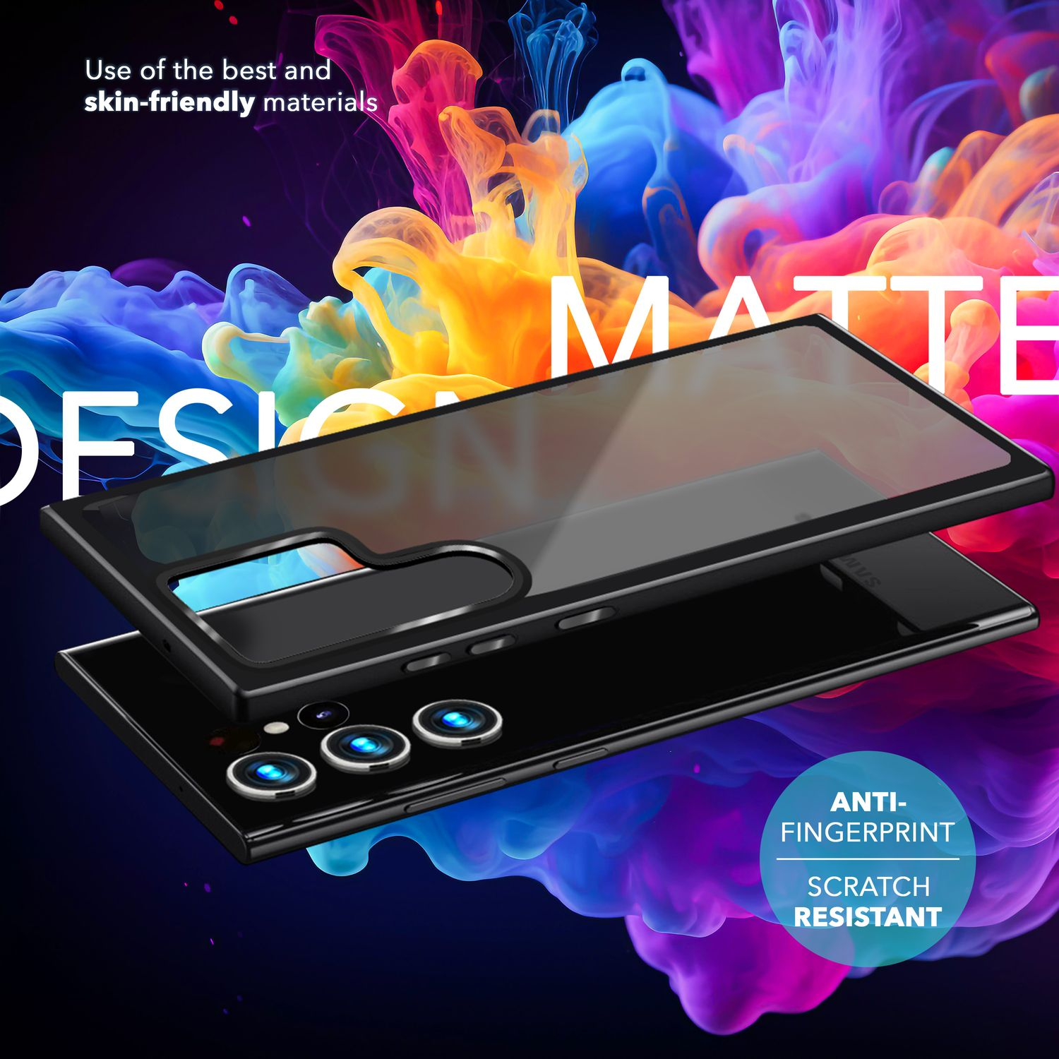 Eine schwarze Handyhülle mit matter Oberfläche. Sie ist über einem Telefon mit einem bunten, verschwommenen Hintergrund platziert.