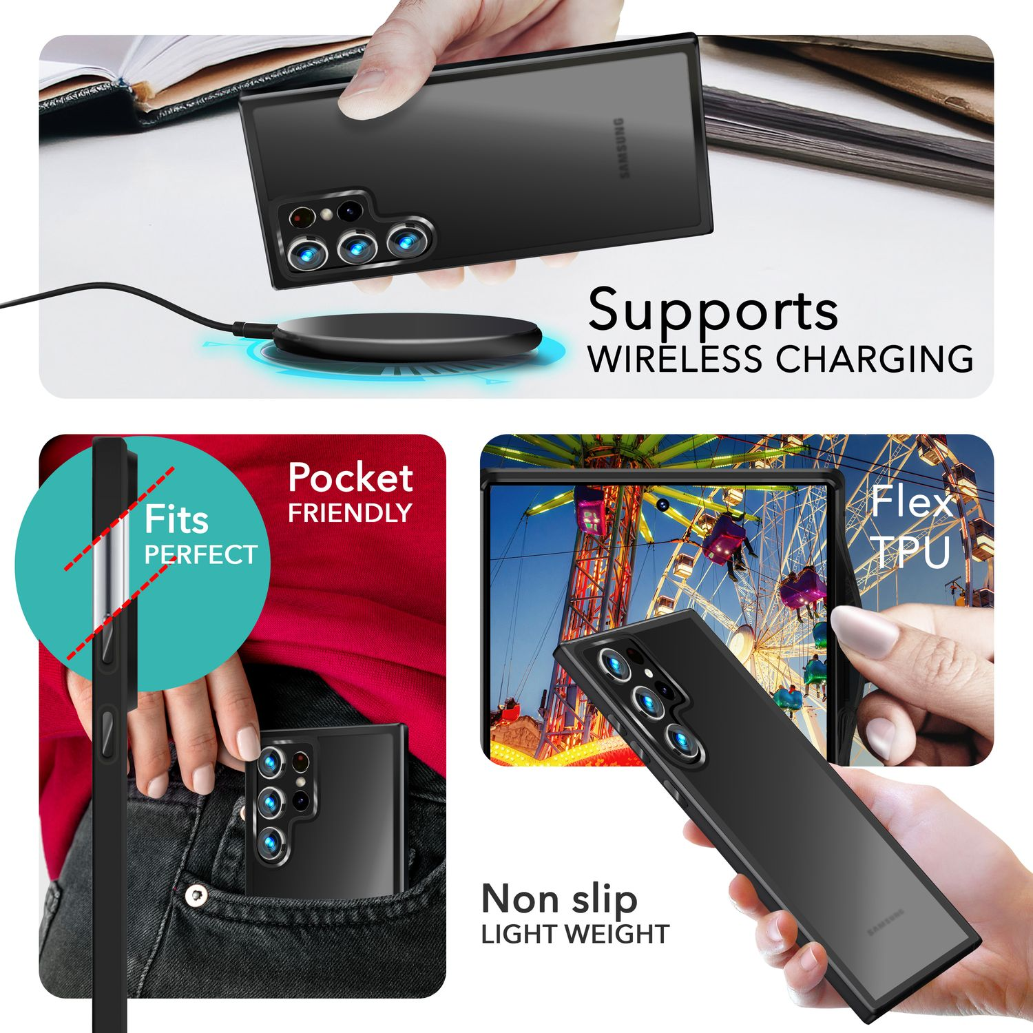 Schwarze Handyhülle mit Handy. Zeigt Funktionen wie kabelloses Laden, Taschenpassform und Rutschfestigkeit.
