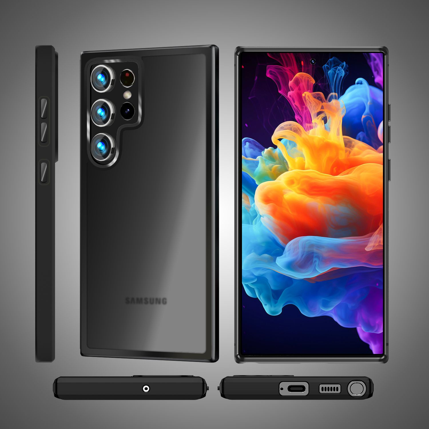Ein schwarzes Telefon mit Hülle, mit buntem Hintergrund.