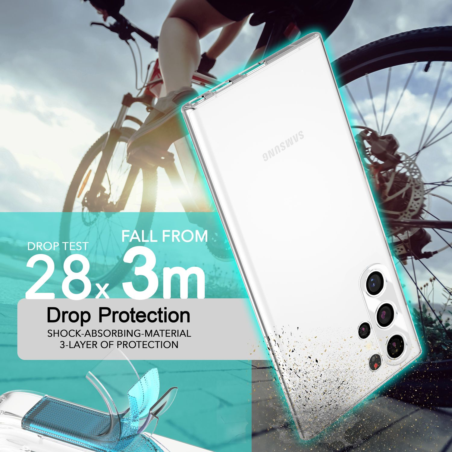 Un téléphone dans une coque transparente. Le téléphone est en mouvement, texte indique protection contre les chutes de 3m.