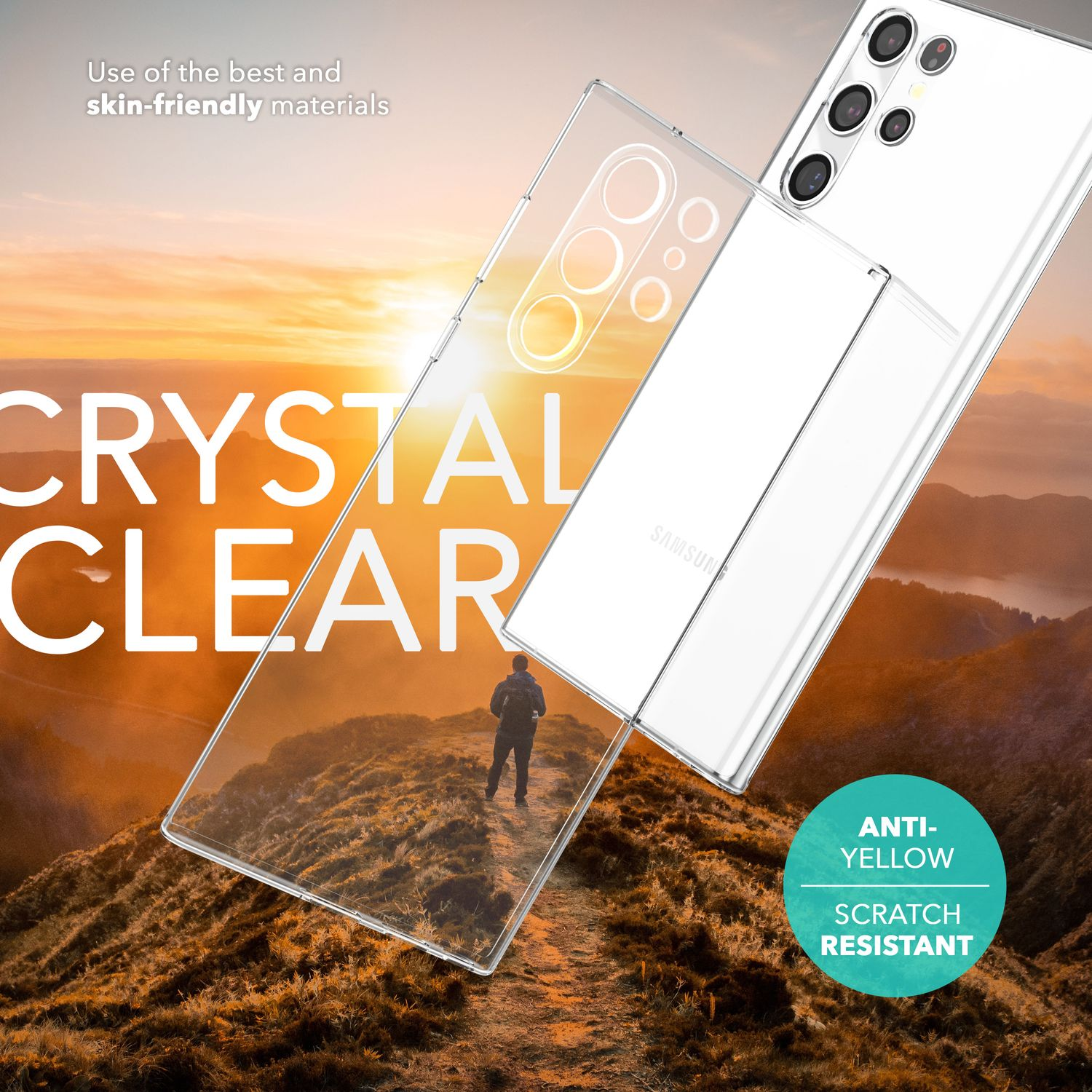 Un téléphone avec un  étui transparent et une superposition de texte. Le texte indique 'Crystal Clear' et 'Anti-jaune, résistant aux rayures'.