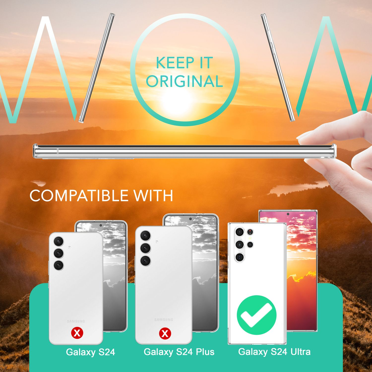 Produit de coque de téléphone, avec vérification de compatibilité pour Galaxy S24, S24 Plus et S24 Ultra.