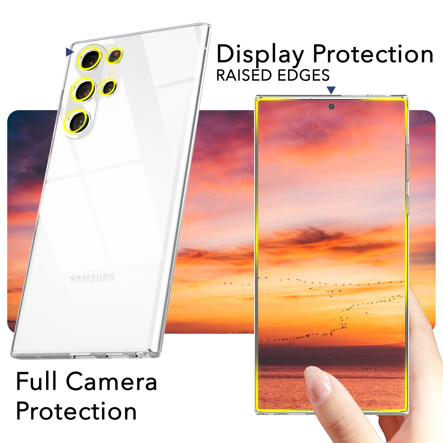 Téléphone avec protecteur d'écran. Le protecteur a des bords surélevés et une protection de caméra.