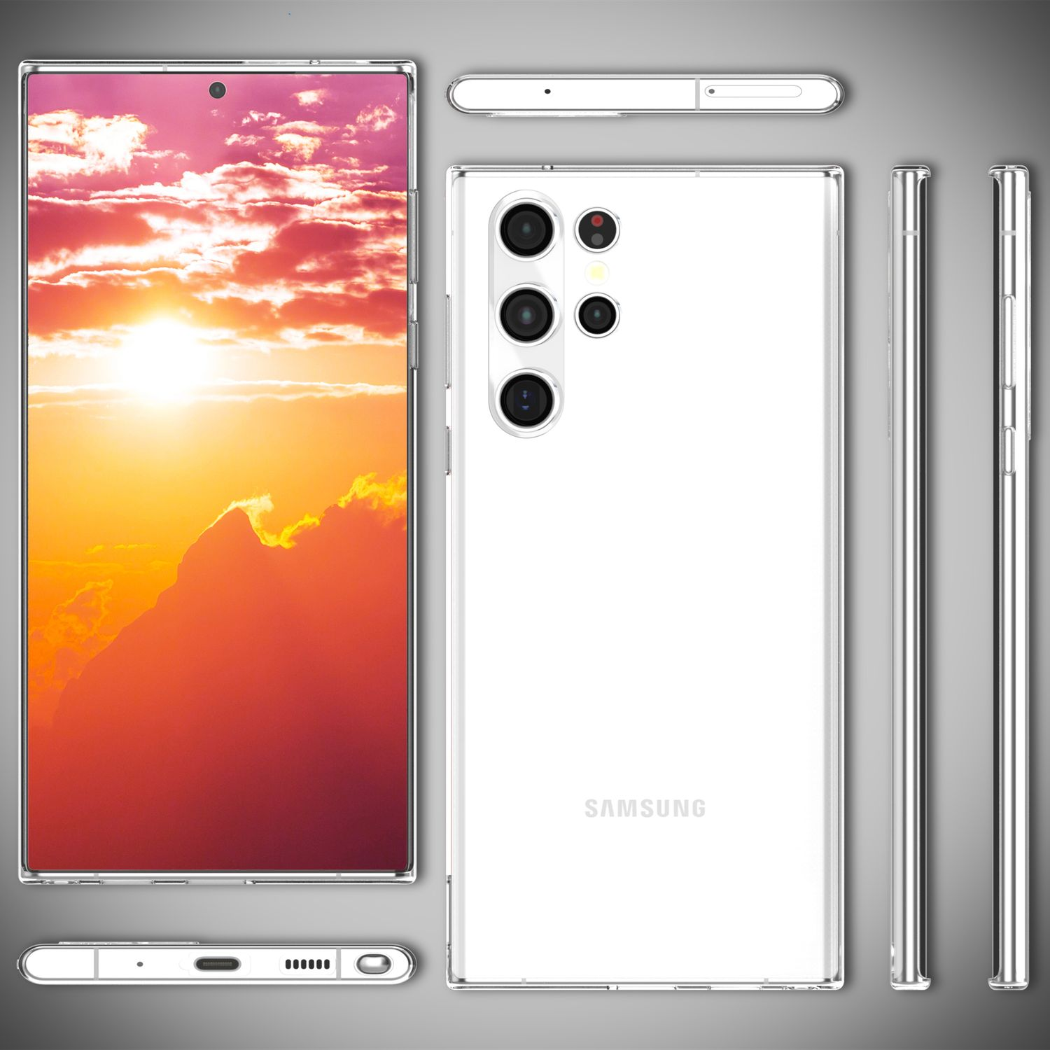 Une coque de téléphone transparente avec plusieurs vues. La coque montre l'arrière et les côtés du téléphone.