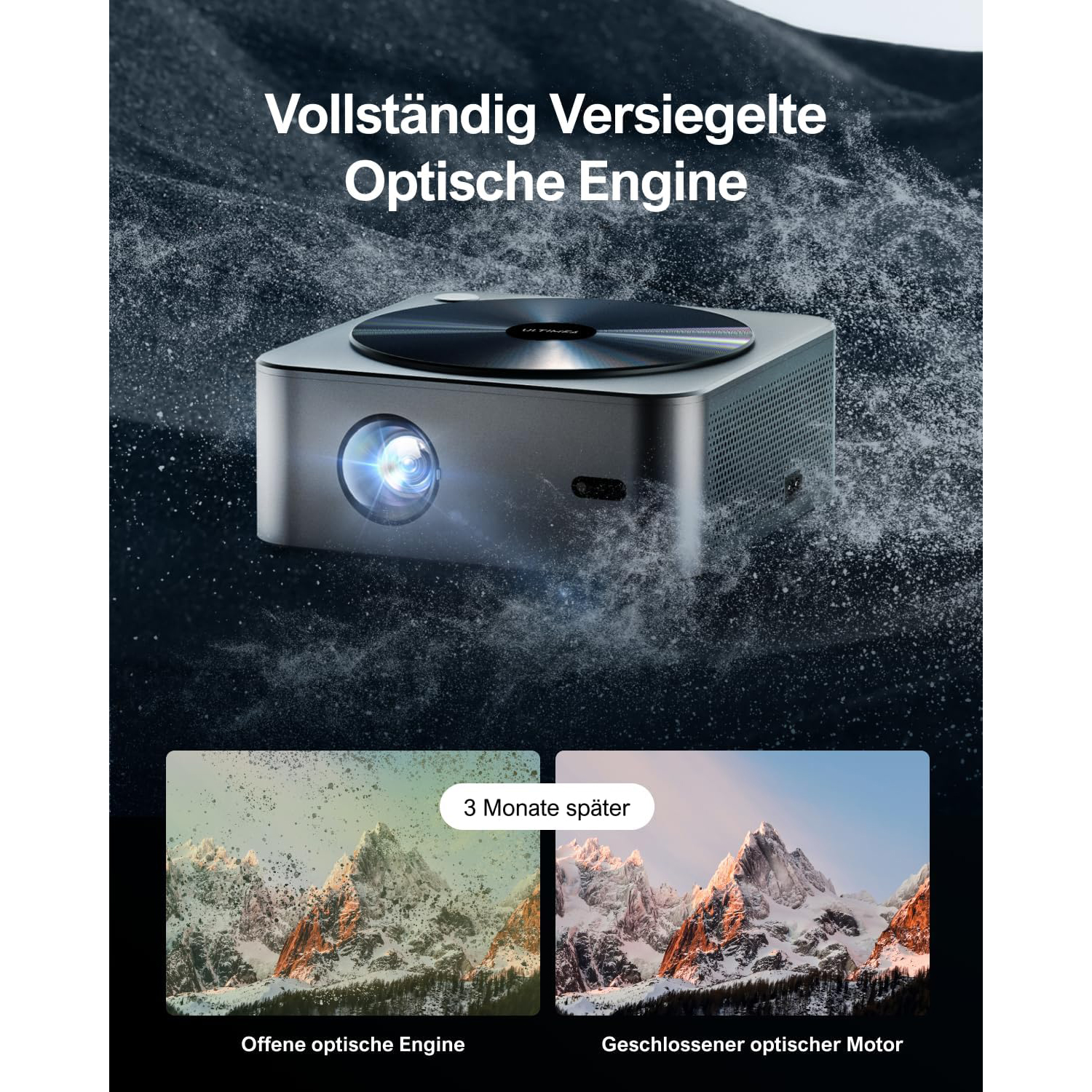 Ein silberner Projektor mit Linse und Projektion. Text: Vollständig Versiegelte Optische Engine.