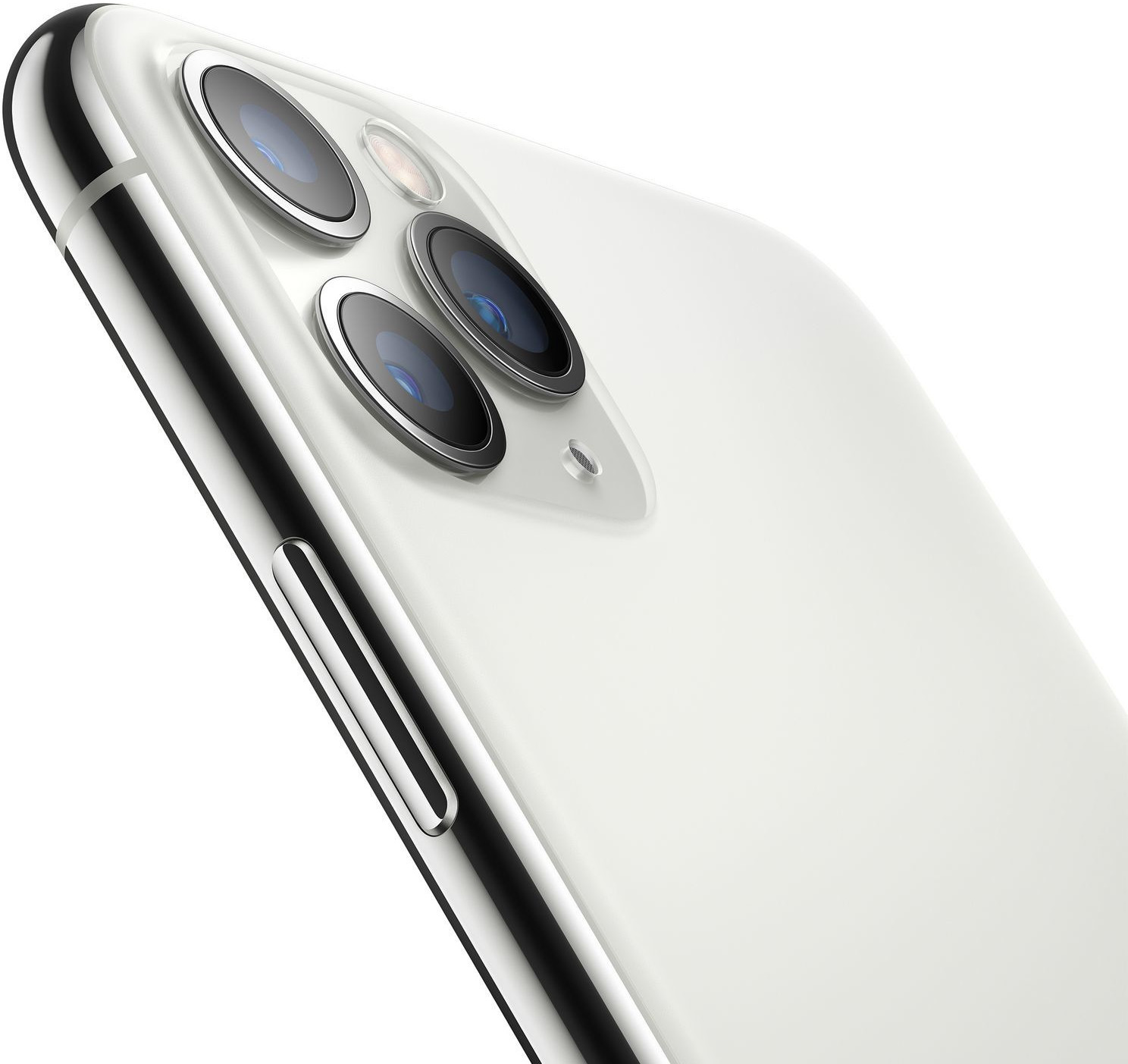 Biały smartfon z trzema tylnymi aparatami i srebrną ramką.