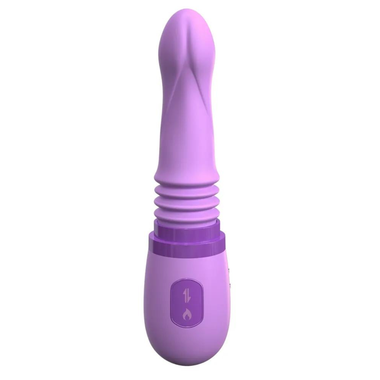 Ein lila Vibrator mit strukturiertem Schaft und Bedienfeld am Sockel.