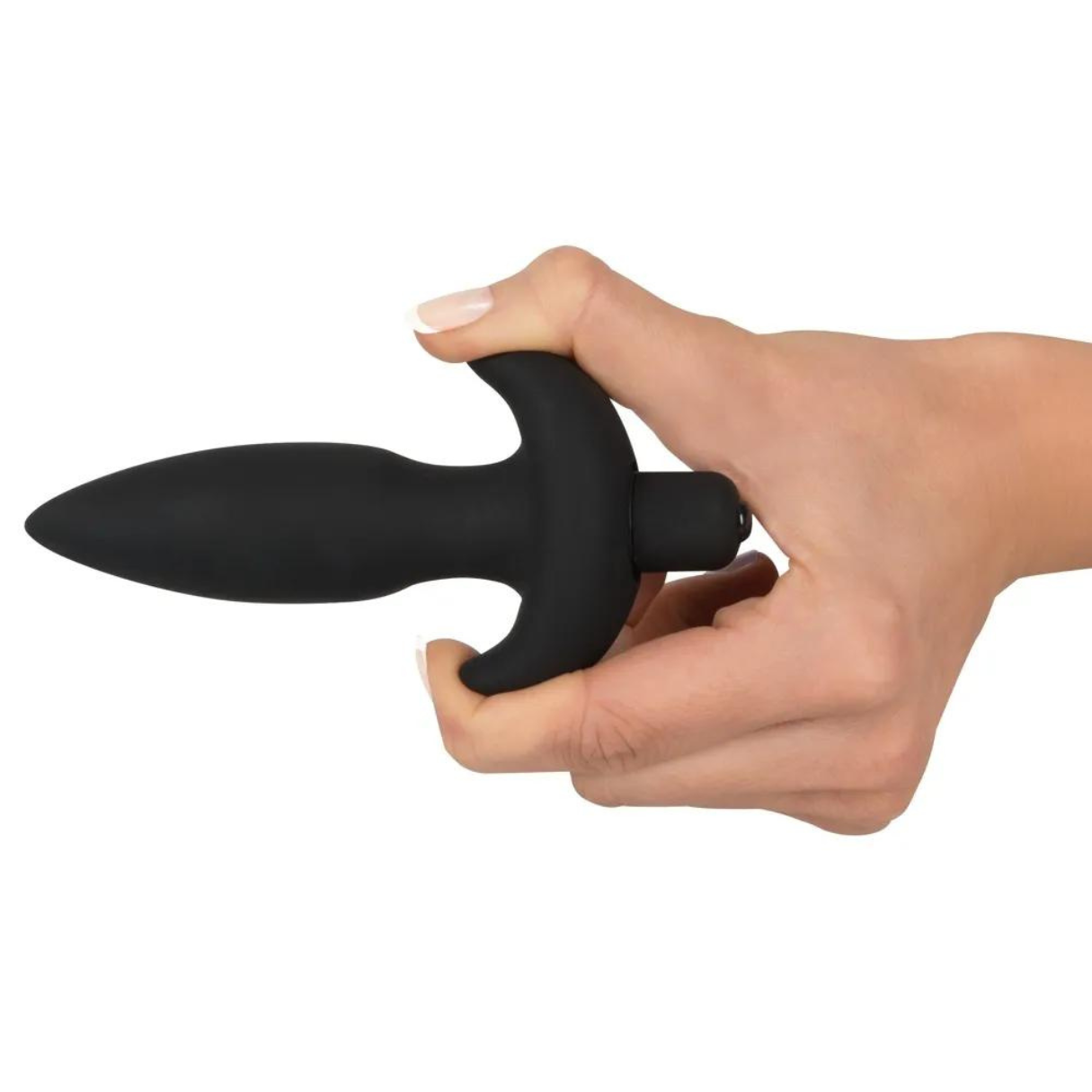 Eine Hand, die ein schwarzes Analt Spielzeug hält. Das Spielzeug hat einen Sockel und einen abgerundeten Kopf.