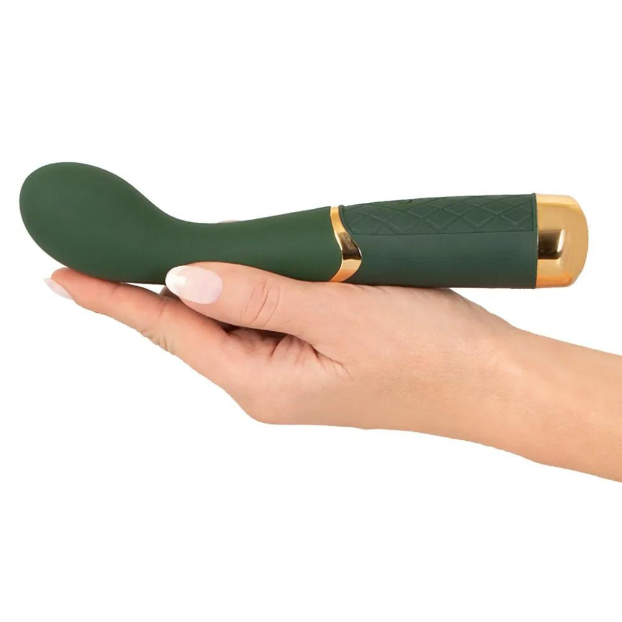 Ein grüner Vibrator wird in einer Hand gehalten. Er hat eine geschwungene Form mit goldenen Akzenten und strukturiertem Griff.