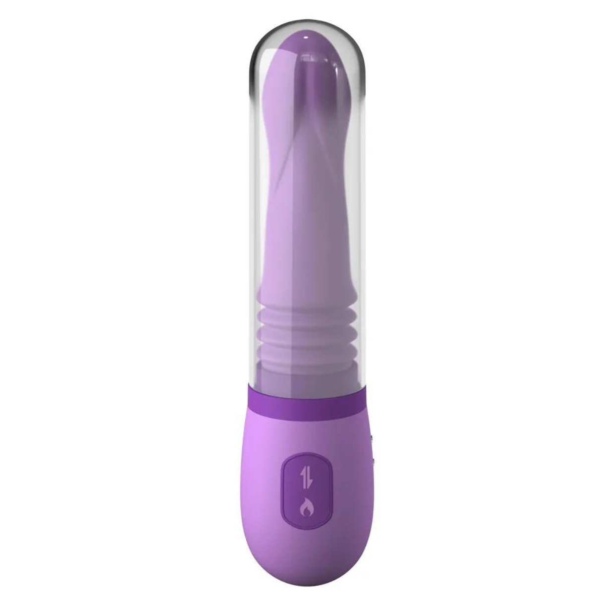 Ein violetter Vibrator in einem durchsichtigen Gehäuse. Er ist zylindrisch und hat eine abgerundete Spitze.