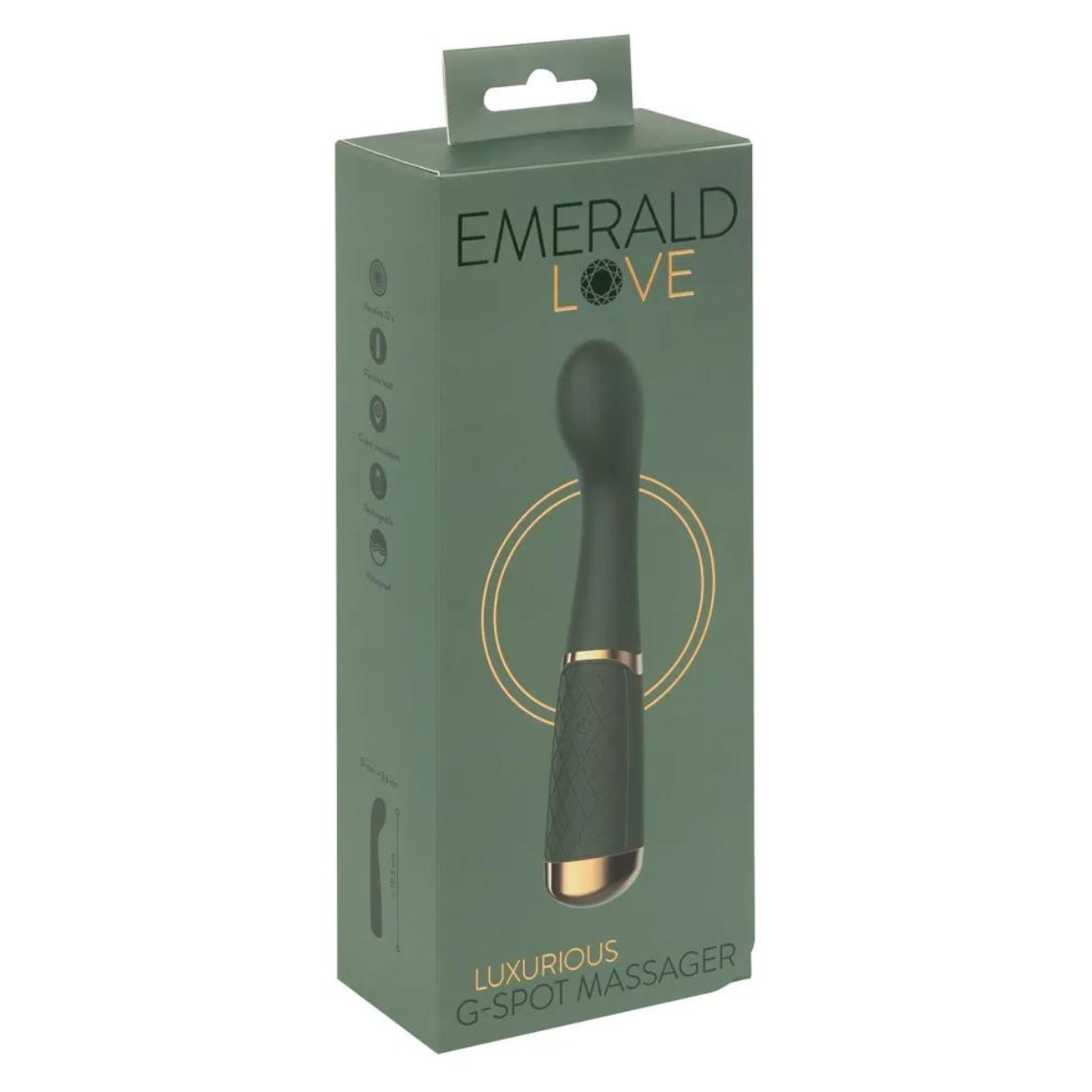 Schachtel mit grünem Hintergrund und einem schwarzen und goldenen Vibrator. Auf der Schachtel steht Emerald Love und Luxurious G-Spot Massager.