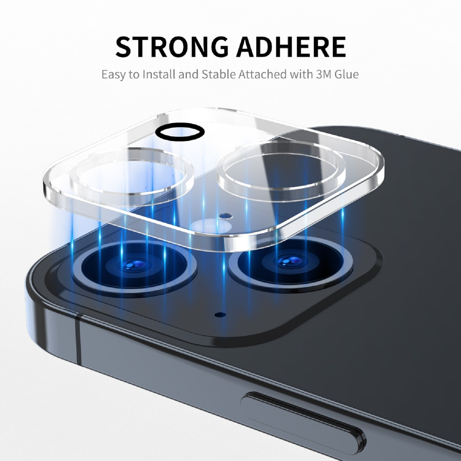 Telefon mit Kameraschutz. Der Text lautet "STRONG ADHERE". Der Schutz hat klare Kreise.