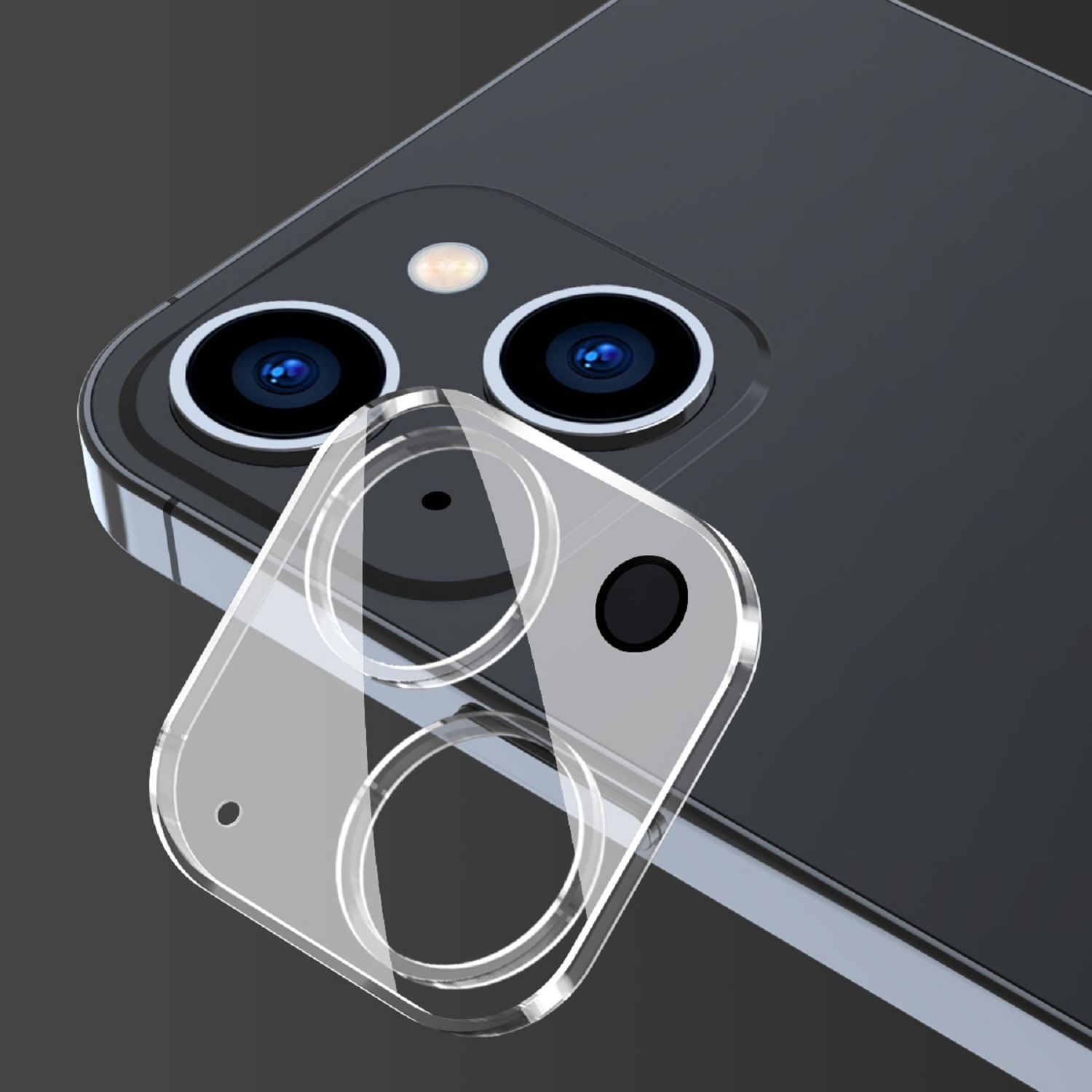 Transparenter Kameraschutz auf einem schwarzen Telefon. Schützt vor Ölflecken und Fingerabdrücken.