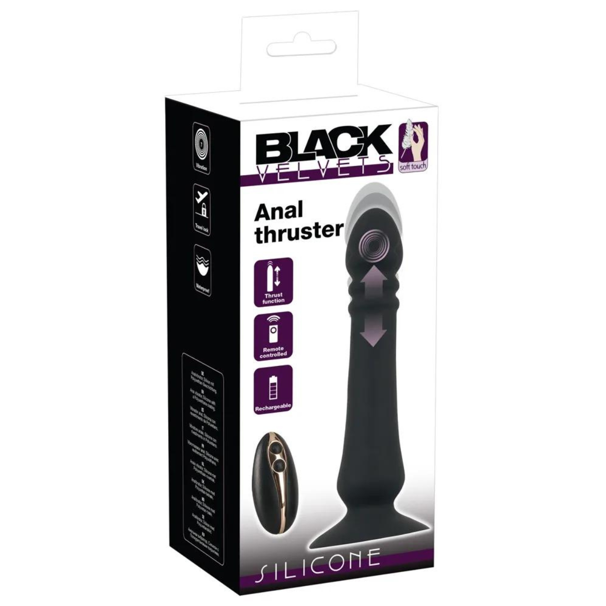 Schwarzer Anal-Thruster in einer Box mit Text und Fernbedienung.