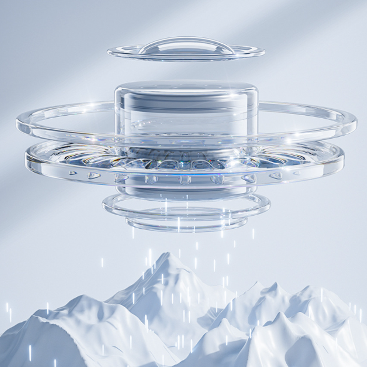 Ein geschichtetes, transparentes Objekt mit Bergkette im Hintergrund.