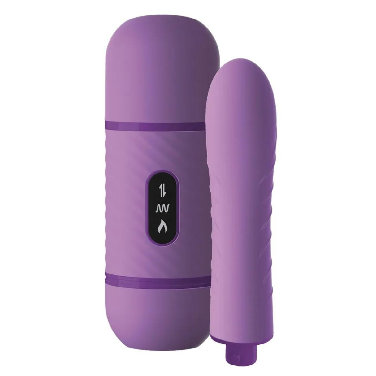 Zwei lila Vibratoren, einer mit Steuertasten, auf weißem Hintergrund.