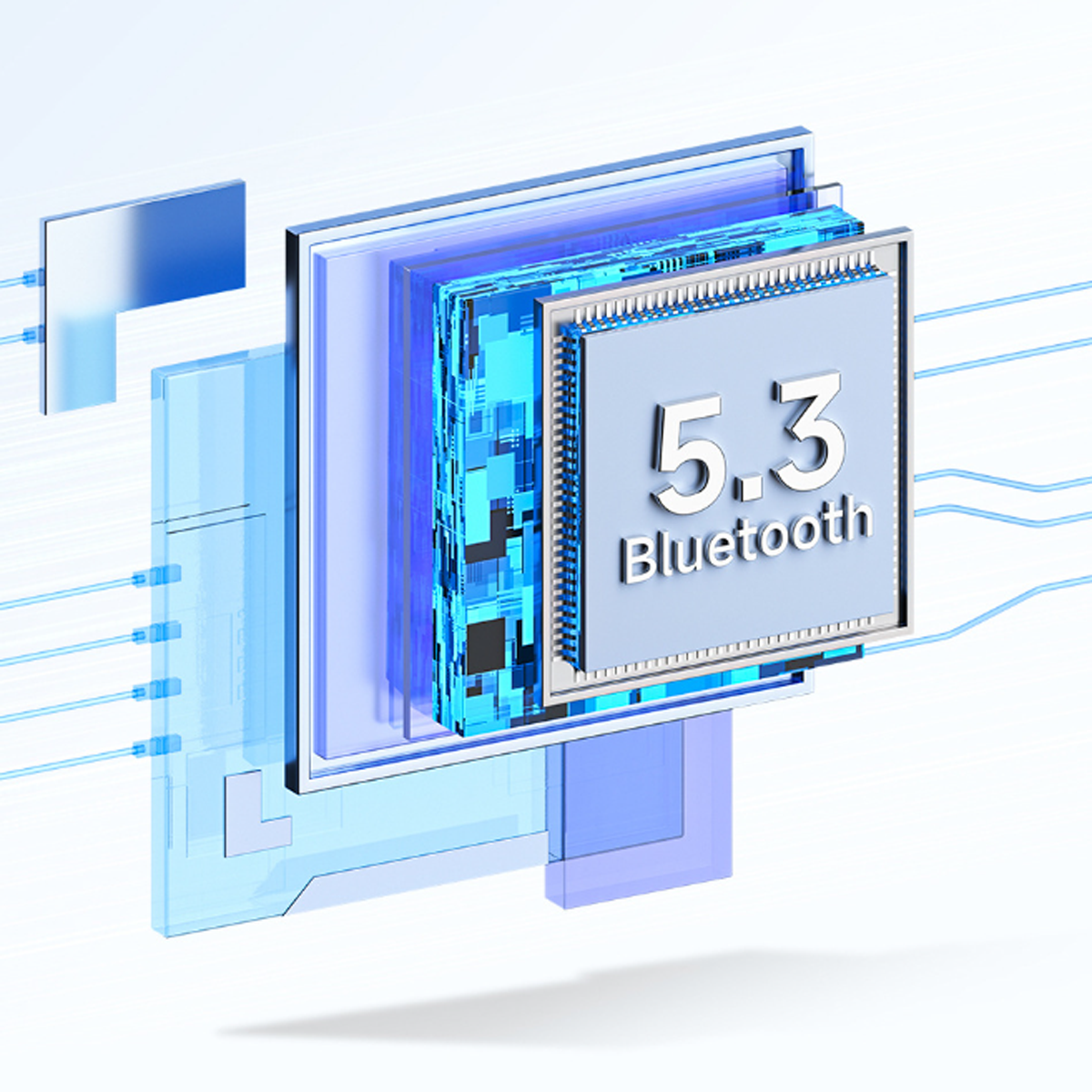 Explosionsansicht eines Bluetooth-Chips mit Schichten und der Zahl 5.3. Blautöne. Weißer Hintergrund.