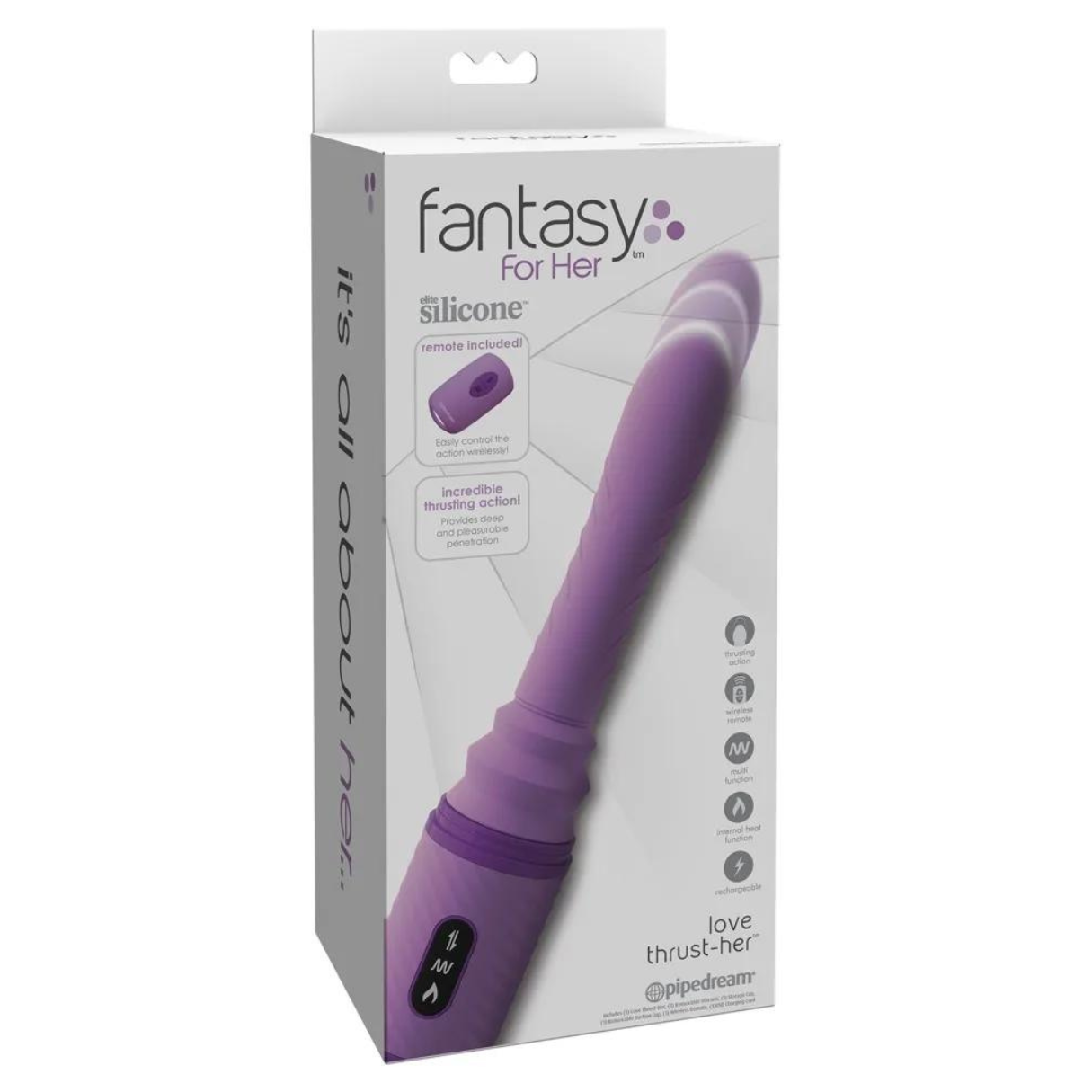 Lila Vibrator in einer Box, Produktname und Eigenschaften. Weißer Hintergrund, Fantasy for Her.