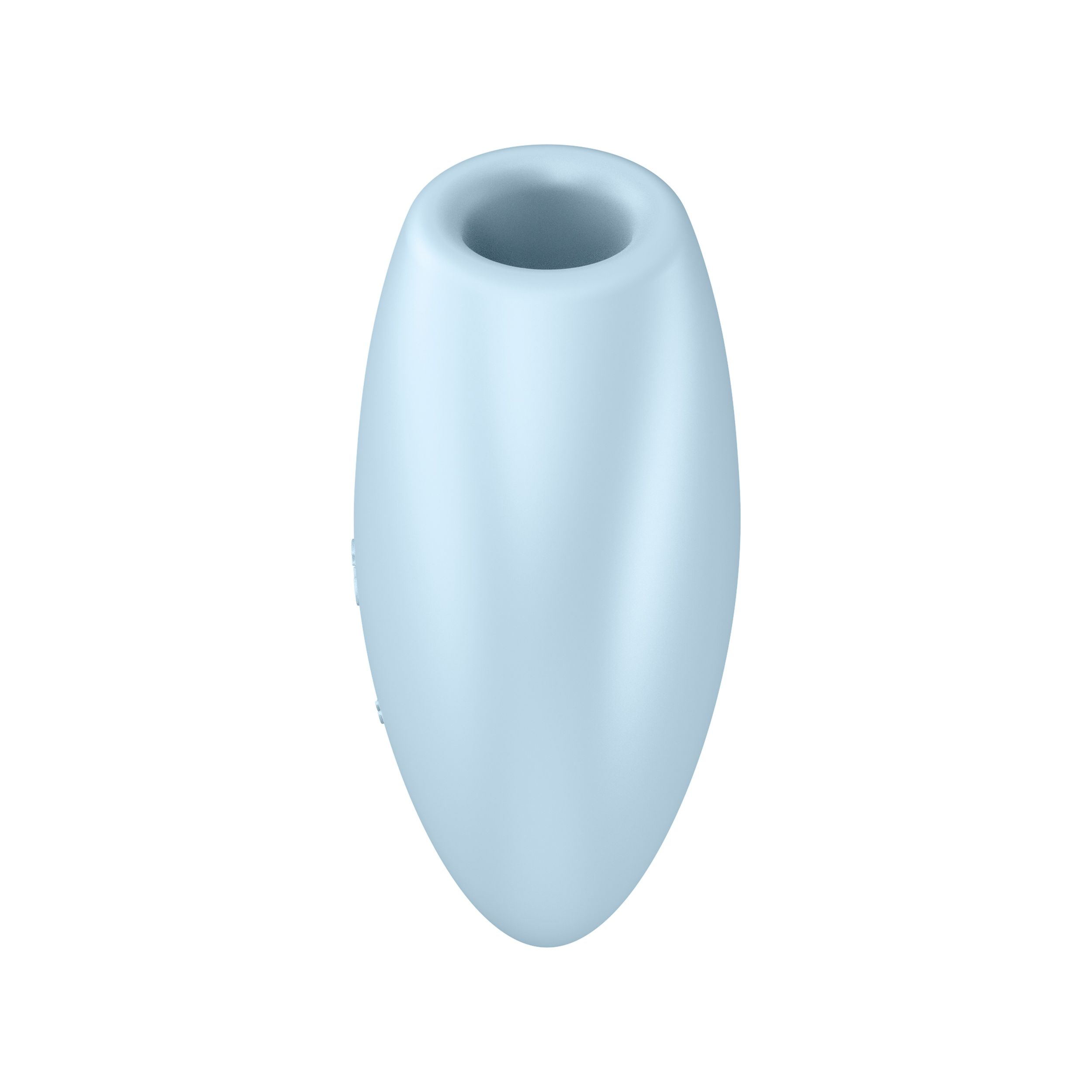 Hellblaues Silikon, oval geformtes Sexspielzeug. Weißer Hintergrund.