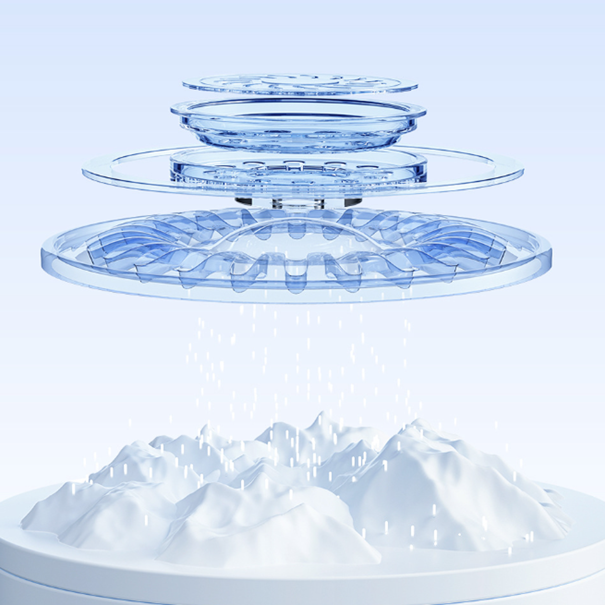 Explosionsansicht eines Wasserfilters. Weiße, transparente und blaue Schichten.