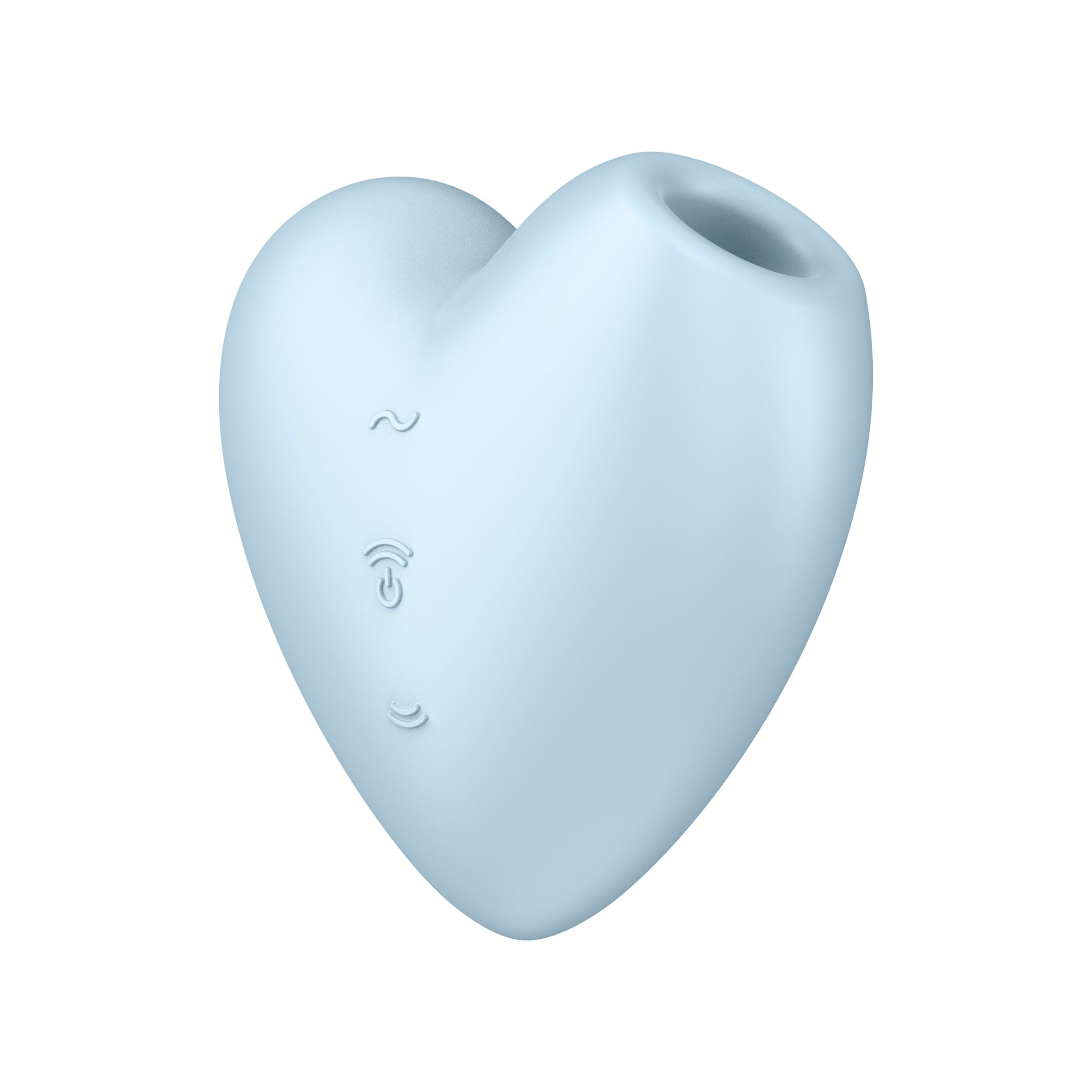 Ein blaues, herzförmiges Objekt. Es hat drei kleine Symbole auf einer Seite und ein Loch oben.