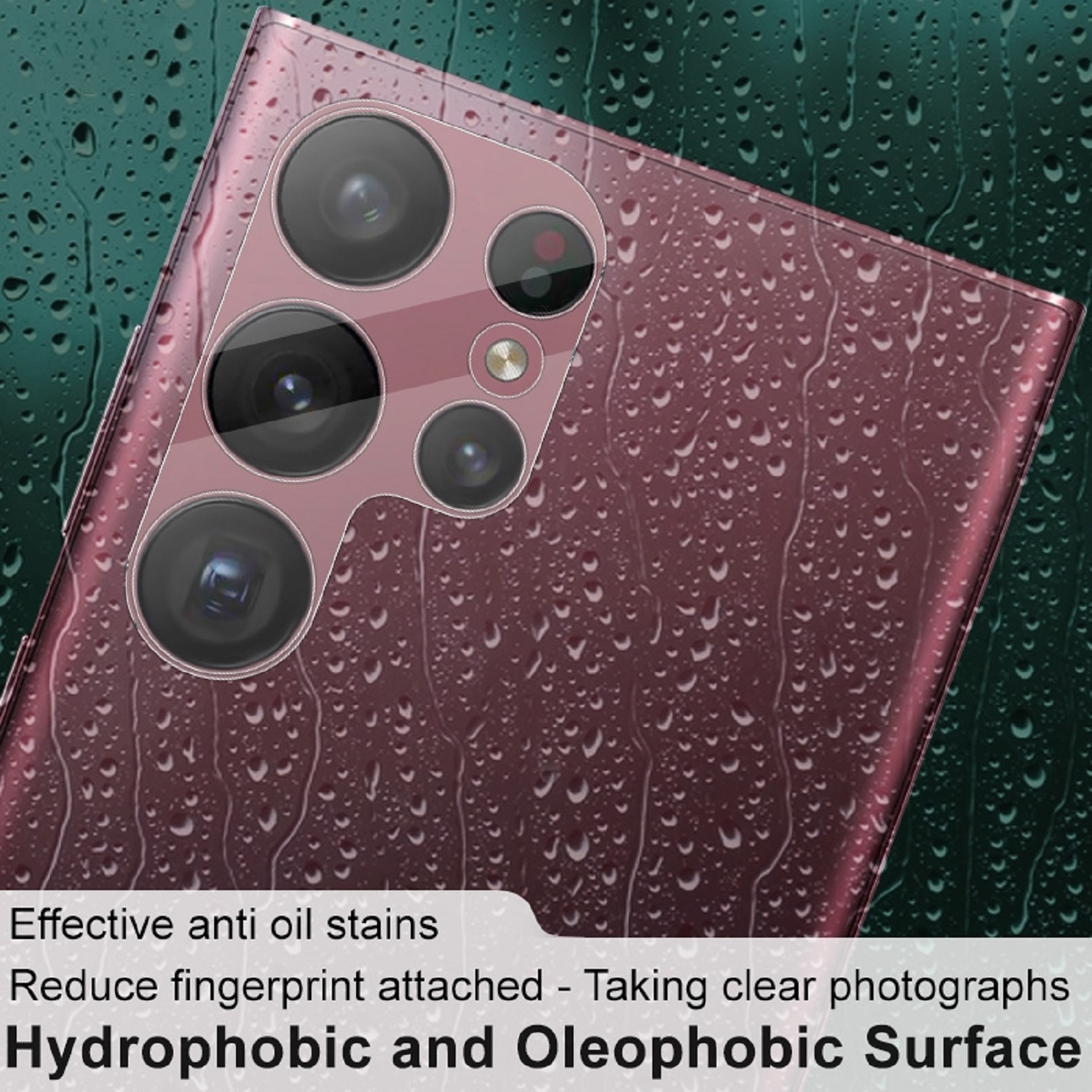 Telefon mit Schutzfolie, bedeckt mit Wassertropfen. Text sagt, es ist hydrophob und oleophob.