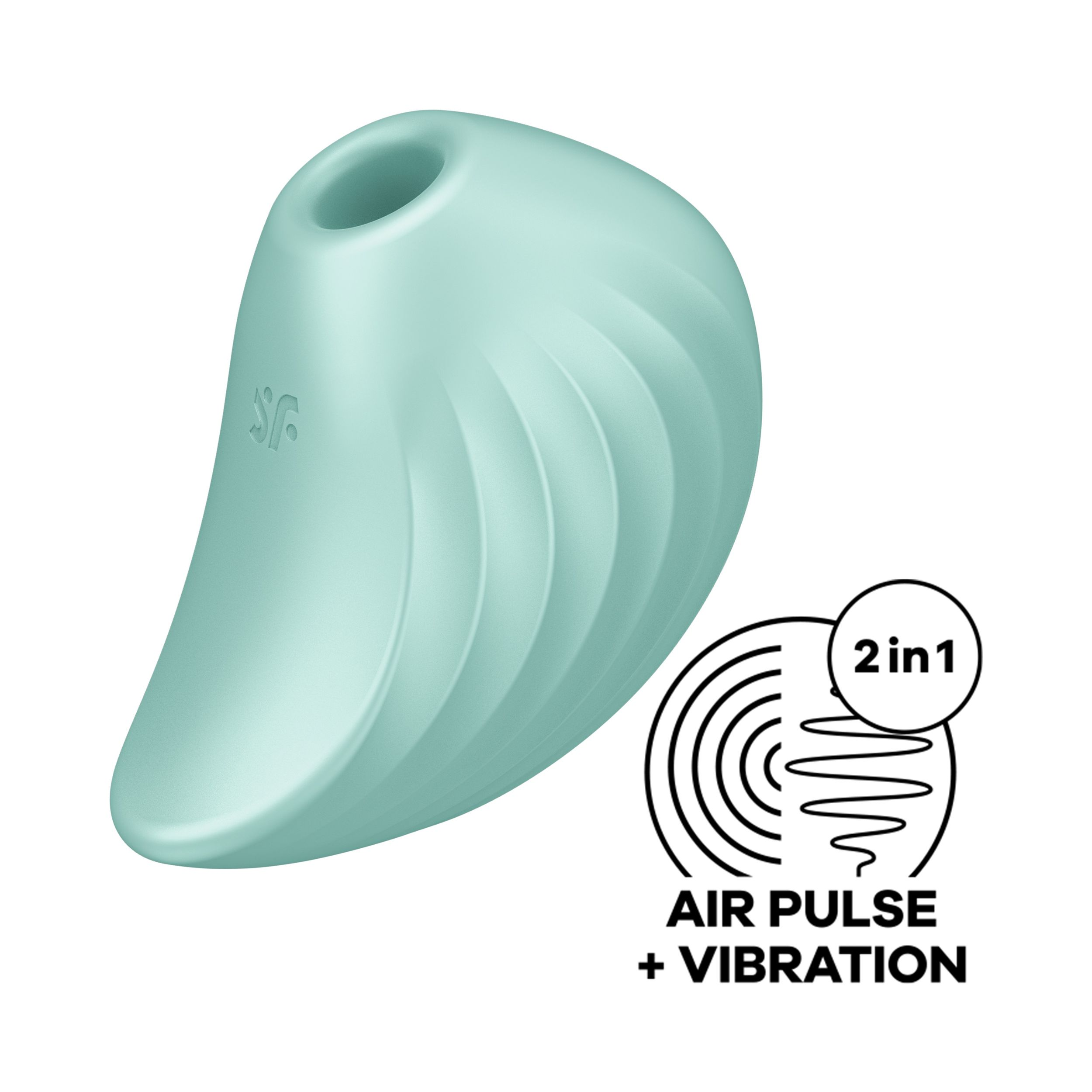 Vibrador turquesa con superficie lisa. Texto: Air Pulse + Vibration, 2 en 1. Fondo blanco.