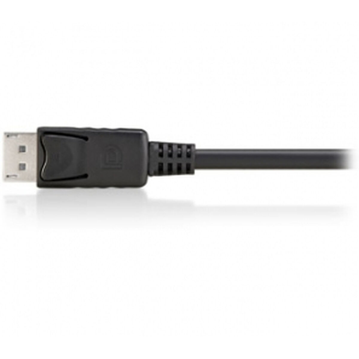 Zwarte DisplayPort-kabel met een USB-A-connector. Witte achtergrond.