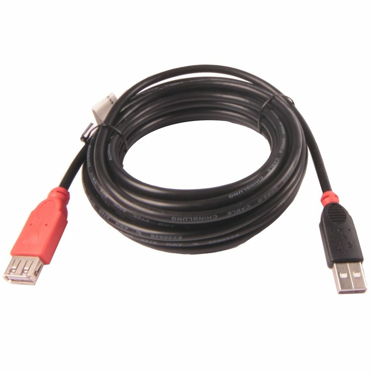 Schwarzes USB-Kabel mit roten USB-A-Anschlüssen.