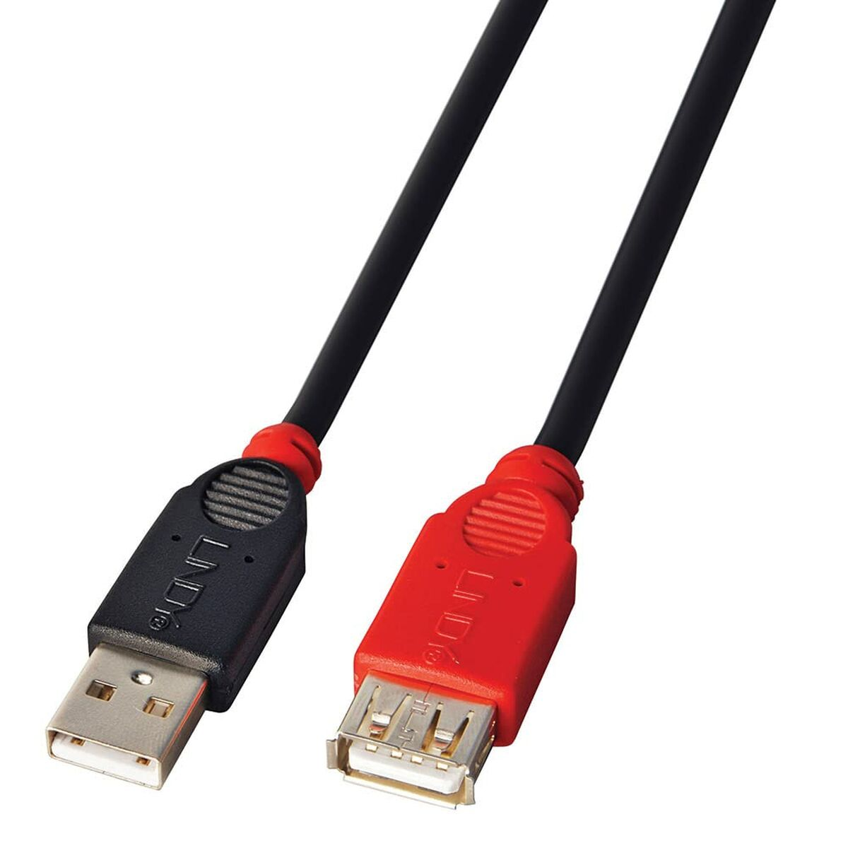 Zwei schwarze USB-Kabel mit roten und schwarzen Steckern. Eines ist USB-A, das andere USB-B.