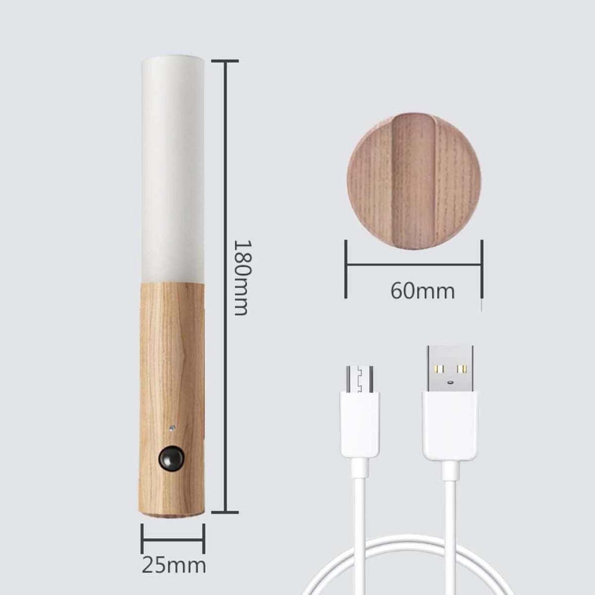 Holz- und weiße Lampe, 180 mm hoch, mit USB-Kabel. Maße sind angegeben.