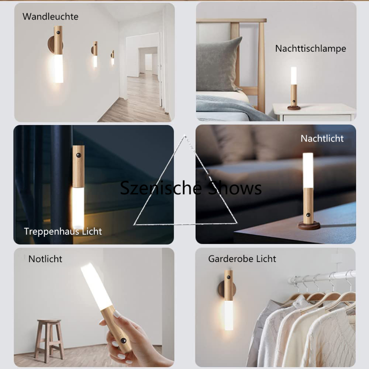 Fotos von Holzlampen in verschiedenen Umgebungen. Wandleuchte, Nachttischlampe, Nachtlicht, Treppenlicht und Kleiderschranklicht.