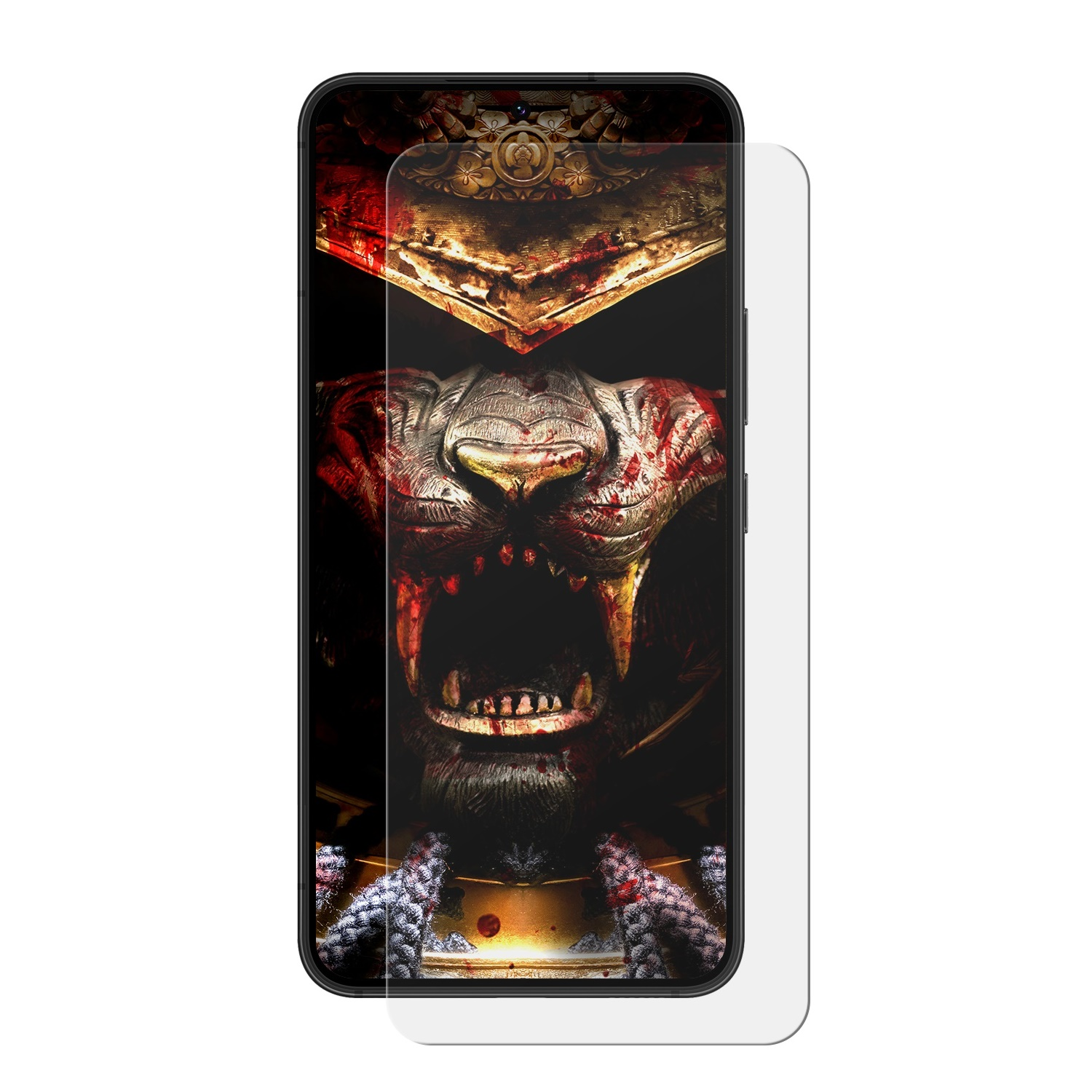 Ein Telefonbildschirm mit einem beängstigenden Samurai-Bild, geschützt durch eine Displayschutzfolie. Das Bild ist blutig.