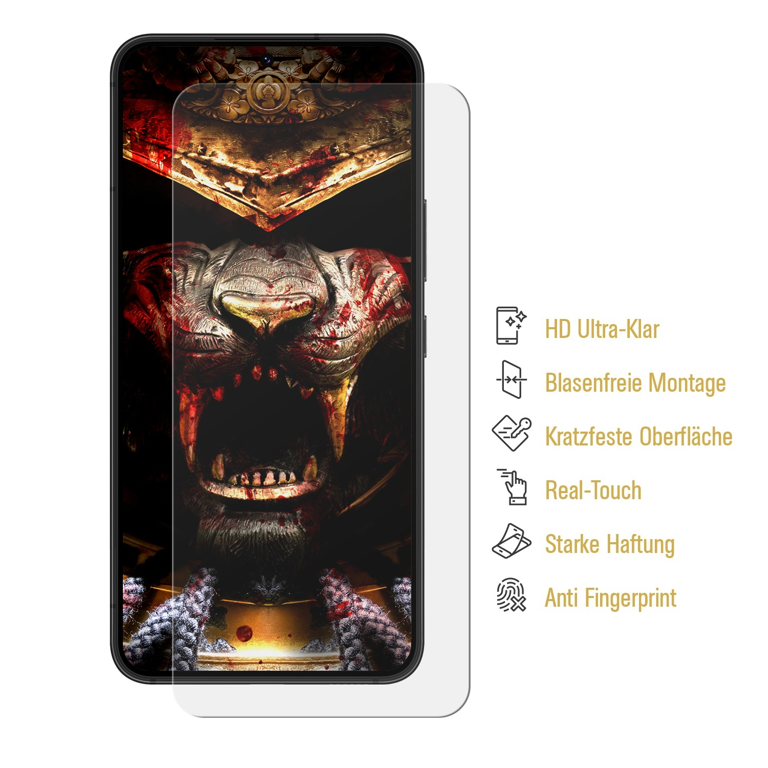 Eine Displayschutzfolie für Telefone mit Kriegergesicht und Symbolen an der Seite.
