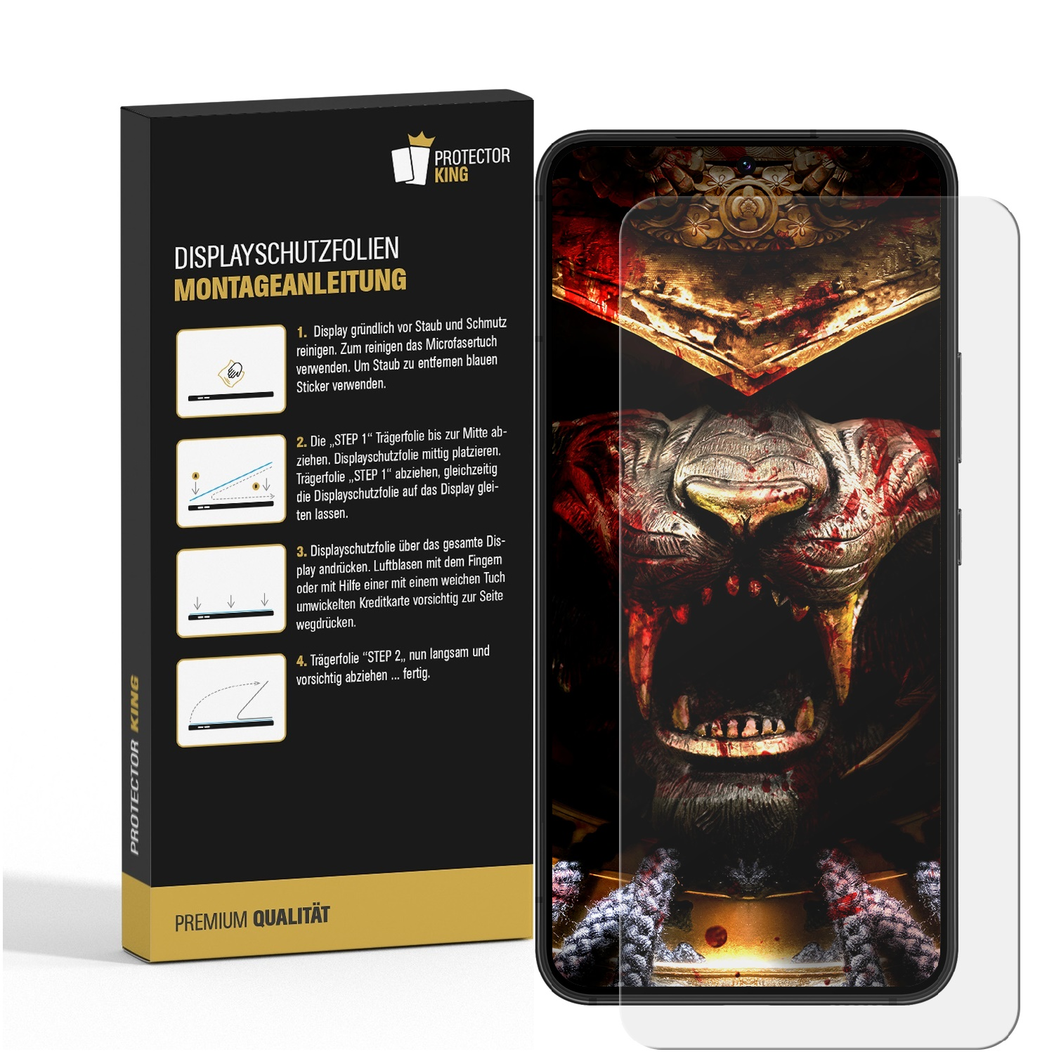 Handy-Displayschutzfolien-Kit. Enthält eine Box mit Anweisungen und eine Displayschutzfolie auf einem Telefon.