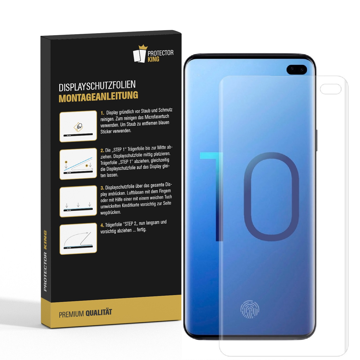 Ein Telefon mit Displayschutzfolie und eine Box mit Anweisungen und Bildern zur Anwendung.