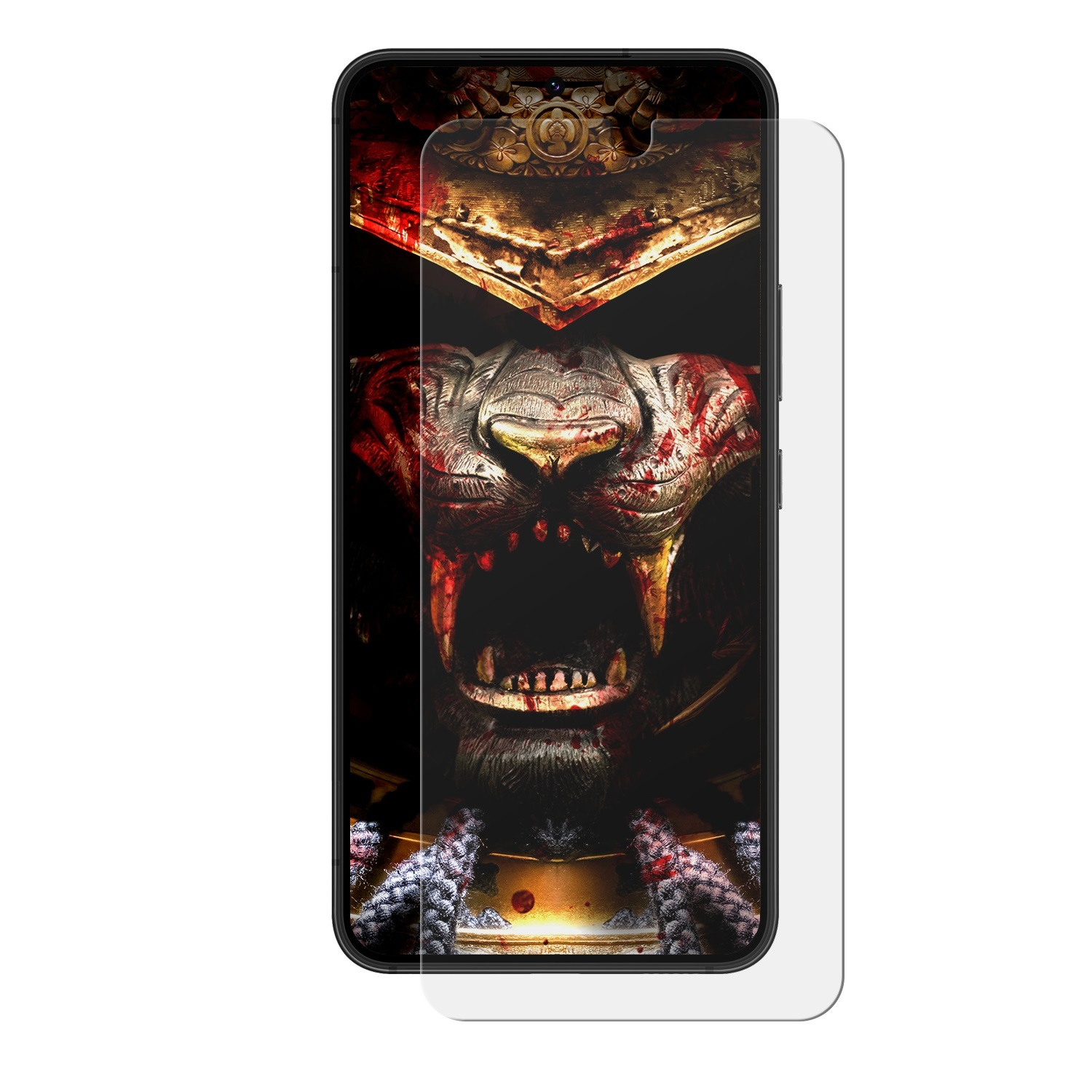 Ein Telefon mit aufgebrachter Displayschutzfolie, das ein brüllendes Tigerbild zeigt.
