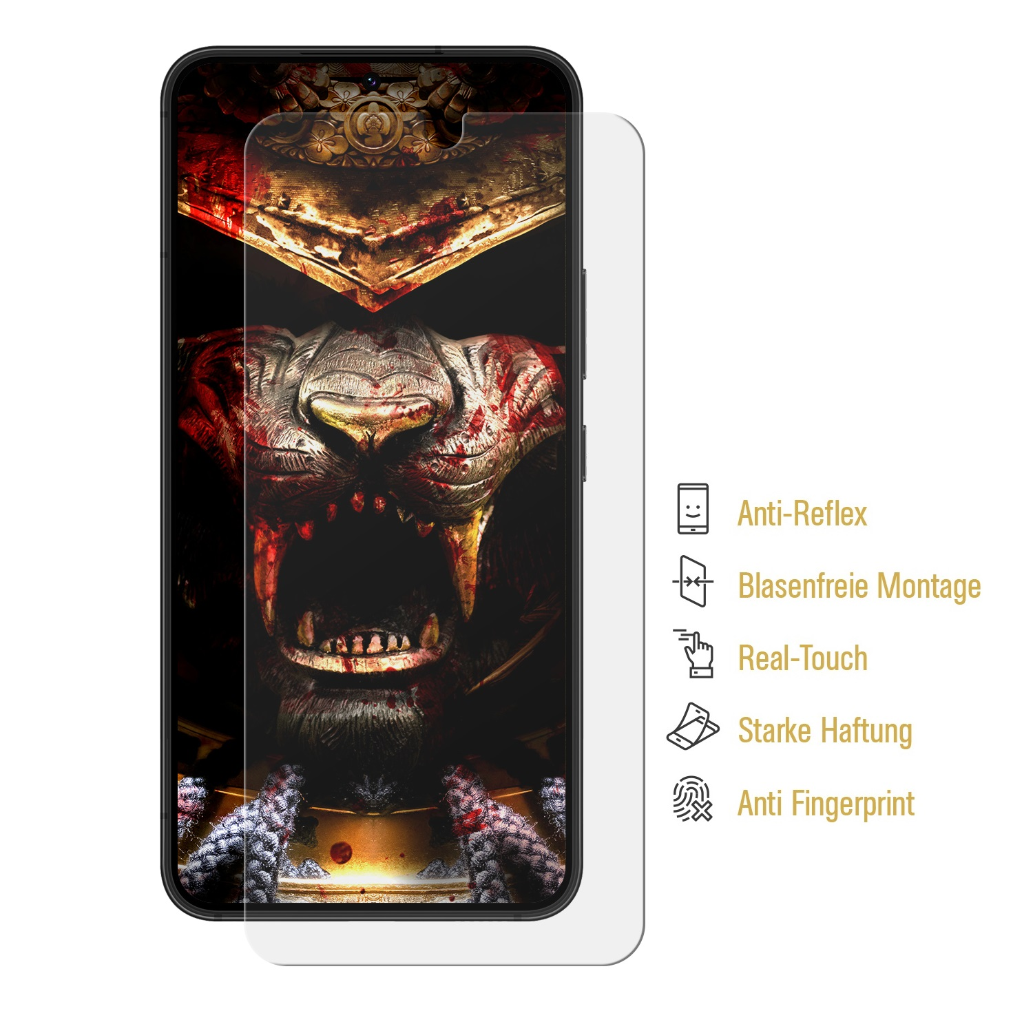 Telefon mit angebrachtem Displayschutz. Bild eines Kriegers mit einem Tiger auf dem Bildschirm.