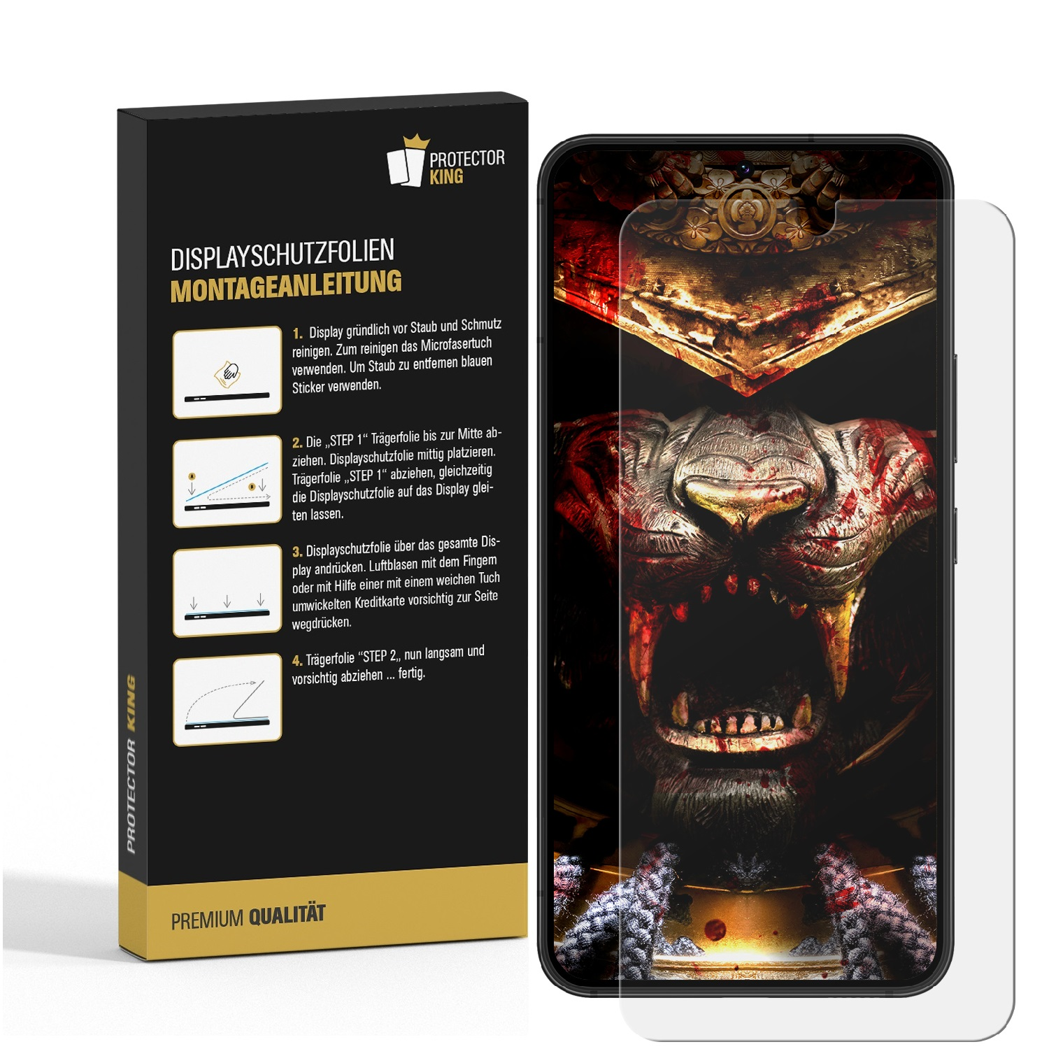 Ein Displayschutz und ein Telefon mit Tigerbild. Anweisungen sind links.